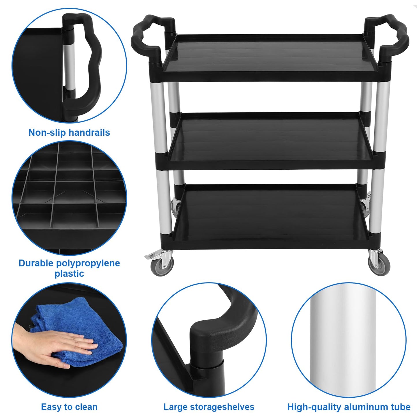 3-Tier Utility Cart, Heavy Duty 500 Lbs Capacity Service Cart with Lockable 360° Swivel Wheels – Multipurpose Storage Cart for Kitchen, Warehouse, Restaurant & Home, Black