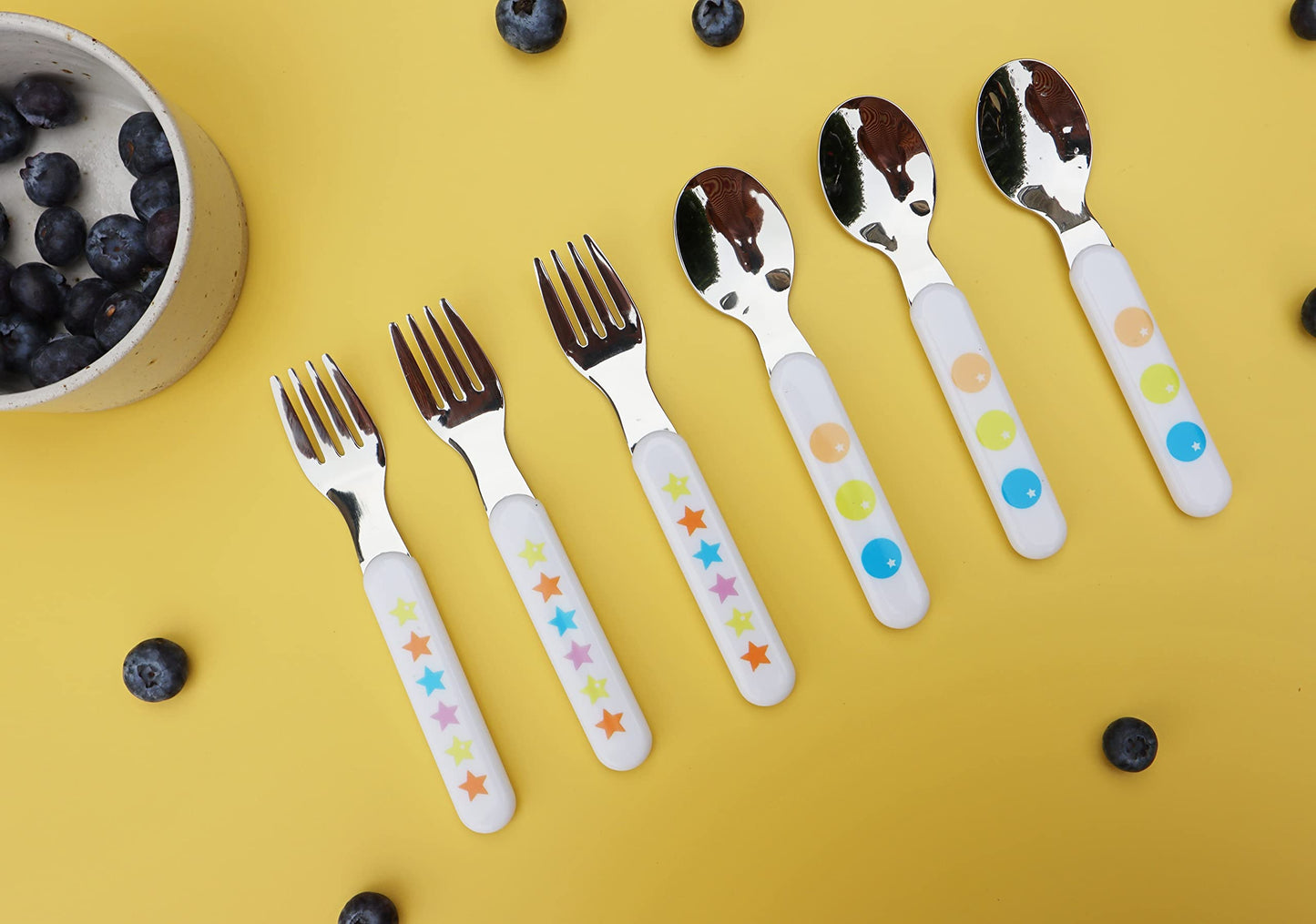 EXZACT Kids Flatware 6pcs Stainless Steel 18/10 Toddler Utensils Flatware- 3 x Forks, 3 x Spoons- BPA Free, Dishwasher Safe - 12 M+ - Stars & Dots