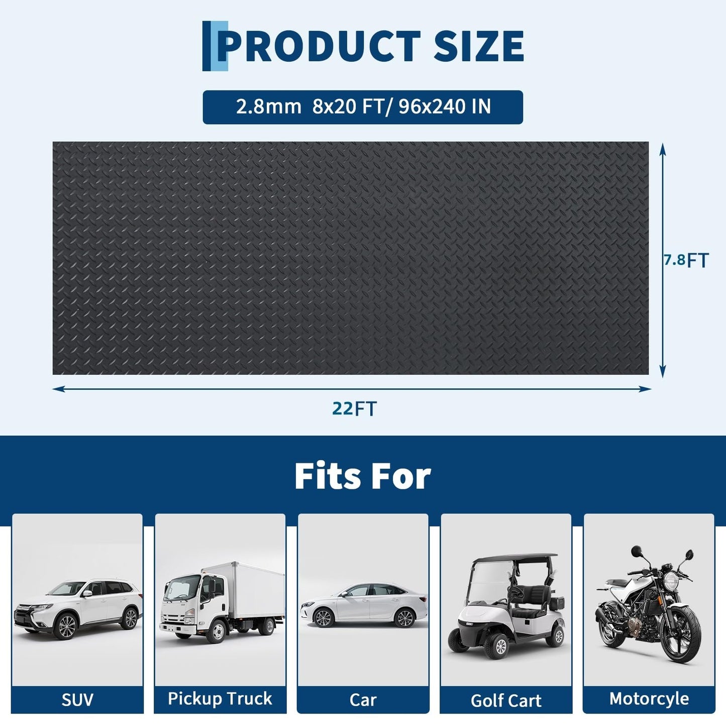 7.8 x 22 FT Garage Floor Mat, 2.8mm Thickened Diamond Plate PVC Garage Mats Flooring Roll for Under Car, Garage Car Parking Mats for Compact SUVS, Sports Car