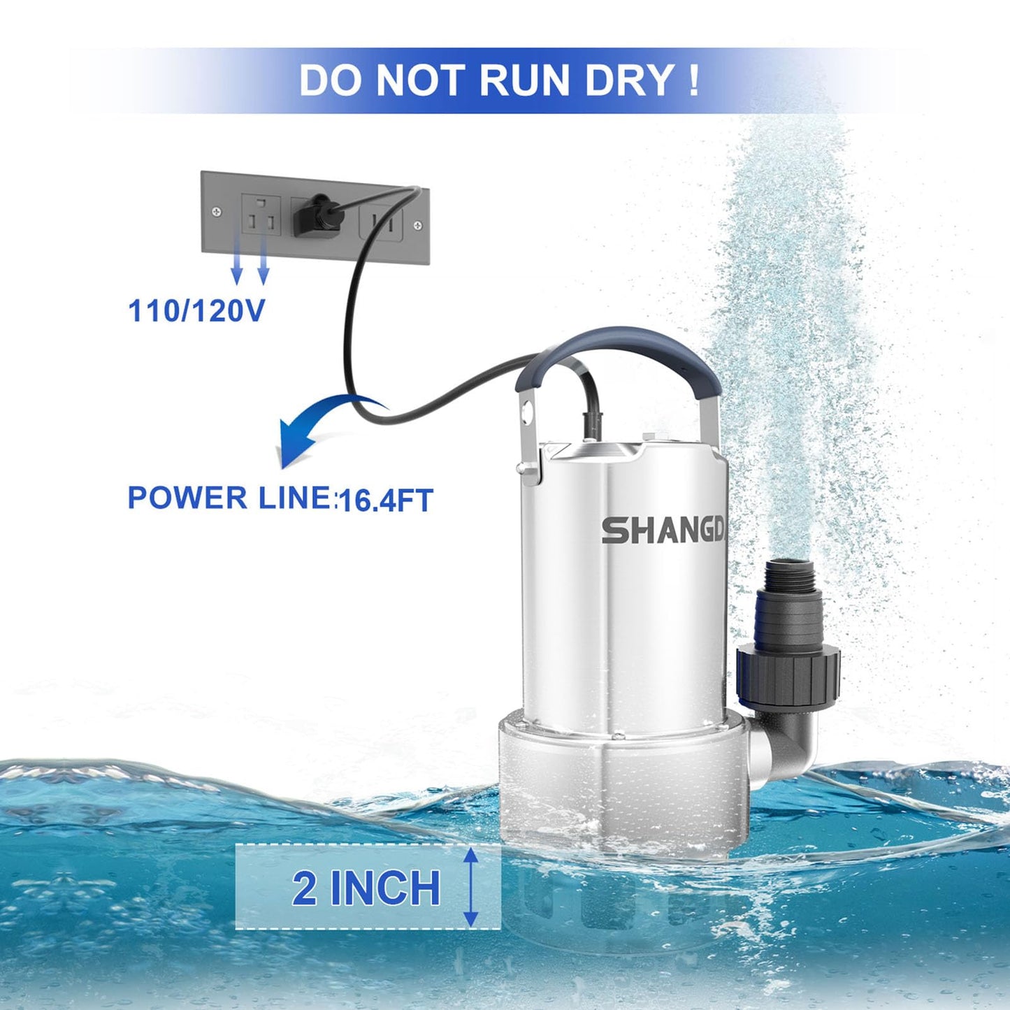 SHANGDA Sump Pump 1HP Submersible Water Pump 4500GPH Stainless Steel Electric Clean/Dirty Water Draining Transfer Pumps with Adapters for Pool Hot Tub Pond
