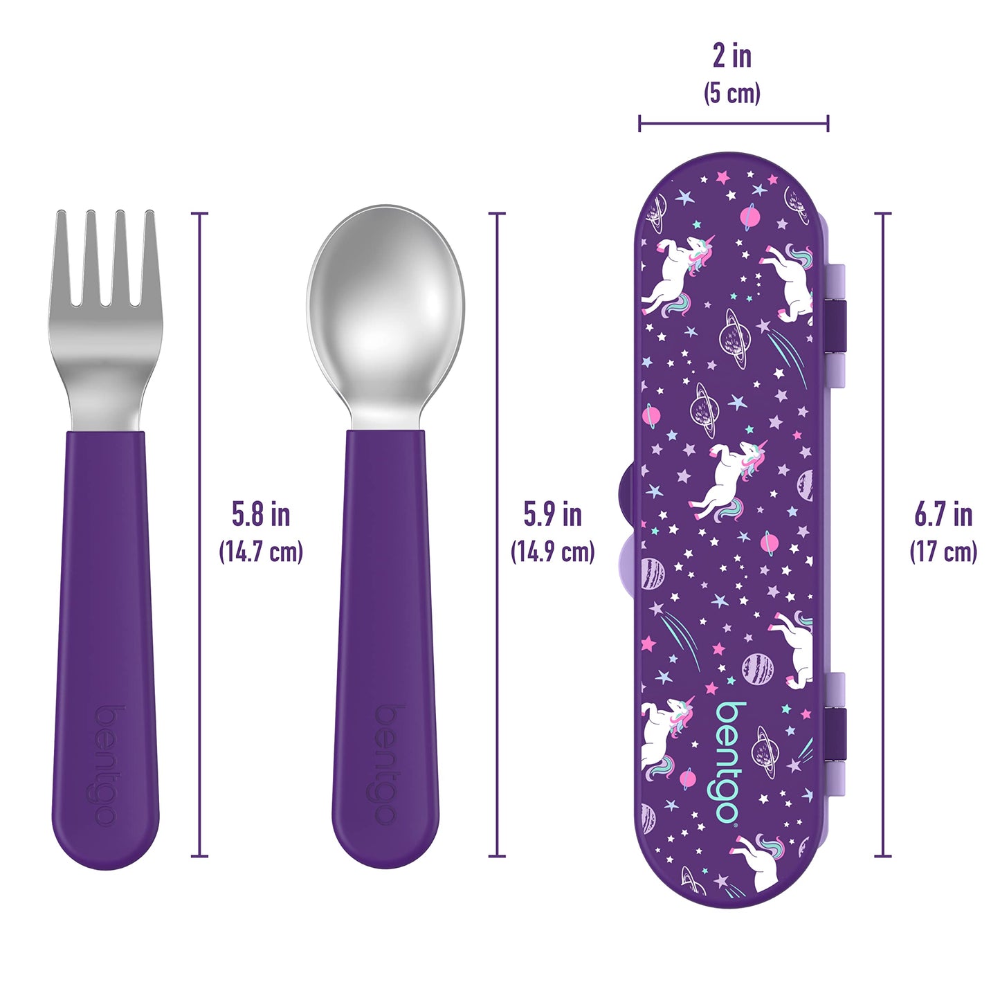 Bentgo Kids Stainless Steel Utensil Set - Reusable Fork, Spoon & Storage Case, PFAS- & BPA-Free, Easy-Grip Handles, Lightweight, Dishwasher Safe, School Lunch, Travel & Outdoors (Unicorn)
