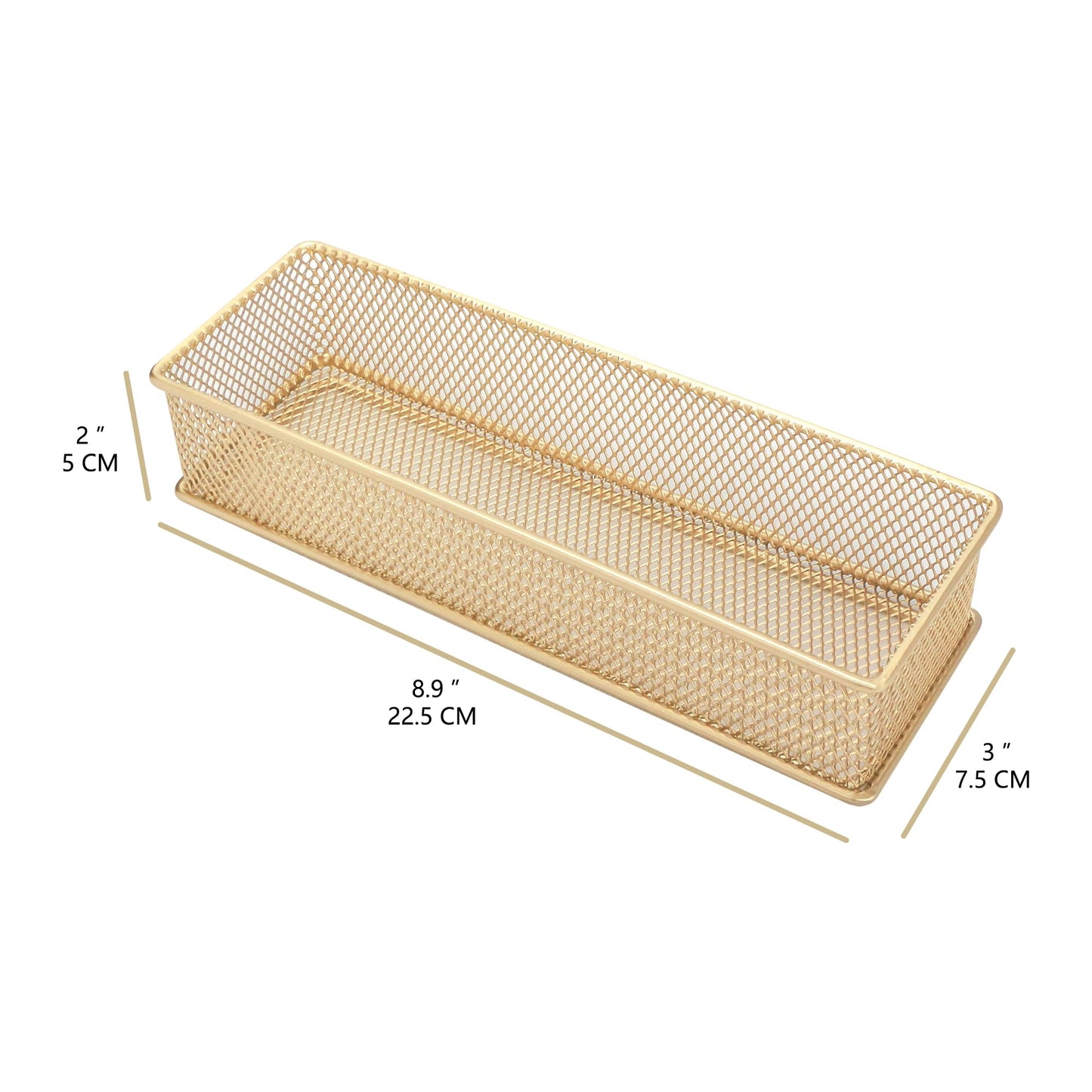 Annova Mesh Stackable Drawer Cabinet and Shelf Organizer Bins Storage Basket School Office Supply Holder Tray- Set of 2 (Gold, 3x9x2 Inch)