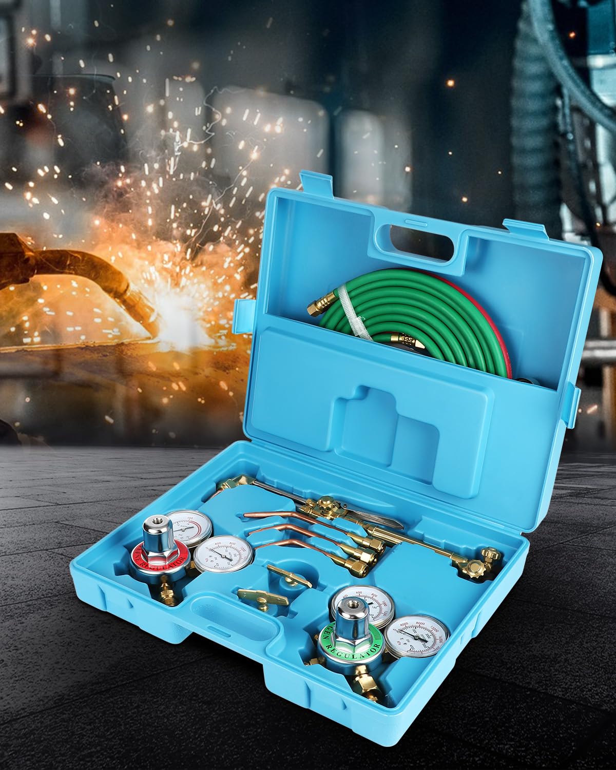 Oxygen Acetylene Torch Kit, Cutting Torch and Welding Kit, Oxy Gas Welding Cutting Brazing Set, Gas Welding Kit, Portable Oxy Acetylene Torch Welder, With Nozzles, Regulator, Hose Gauges, Blue Case