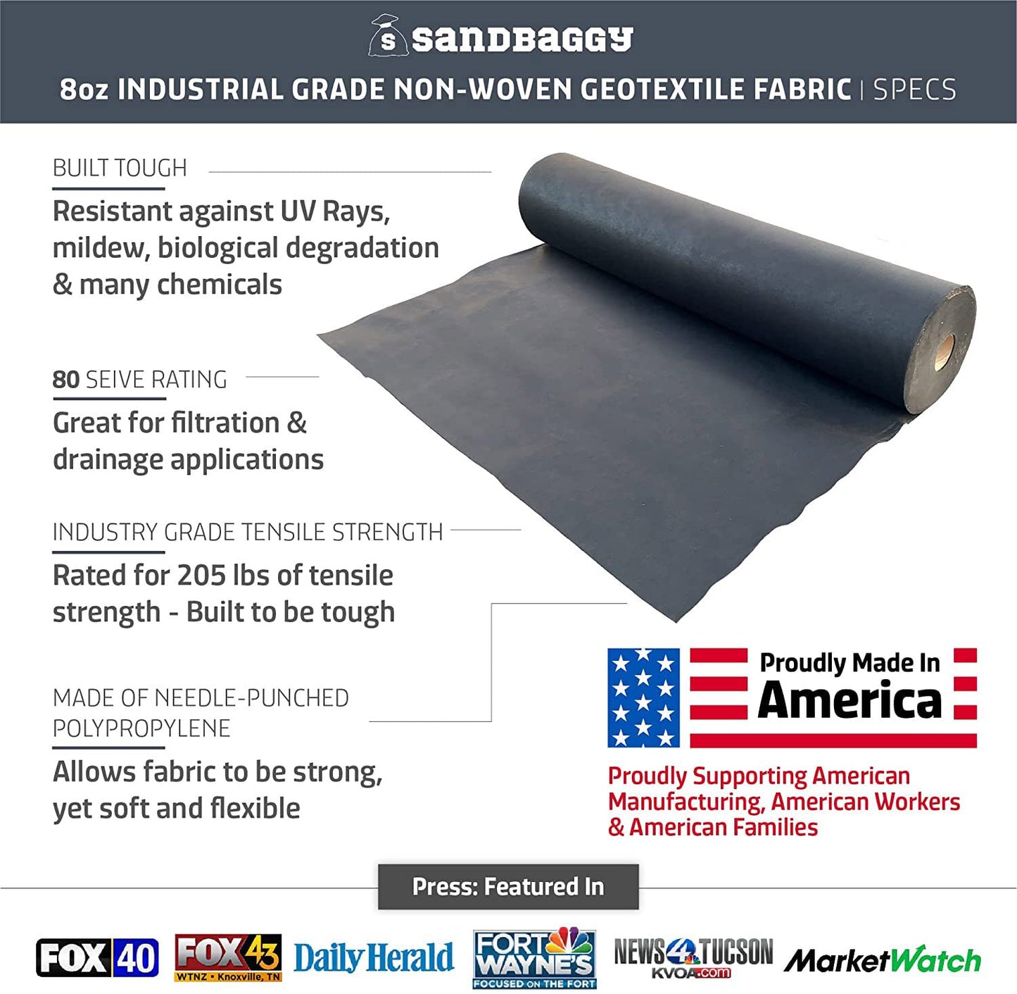 Sandbaggy Paver Underlayment Fabric 8 oz | for All Types of Pavers | Made in America | 50 Year Fabric | 2X Thicker Than Competition | UV Protected Industrial Grade Fabric (10 ft x 100 ft Roll)