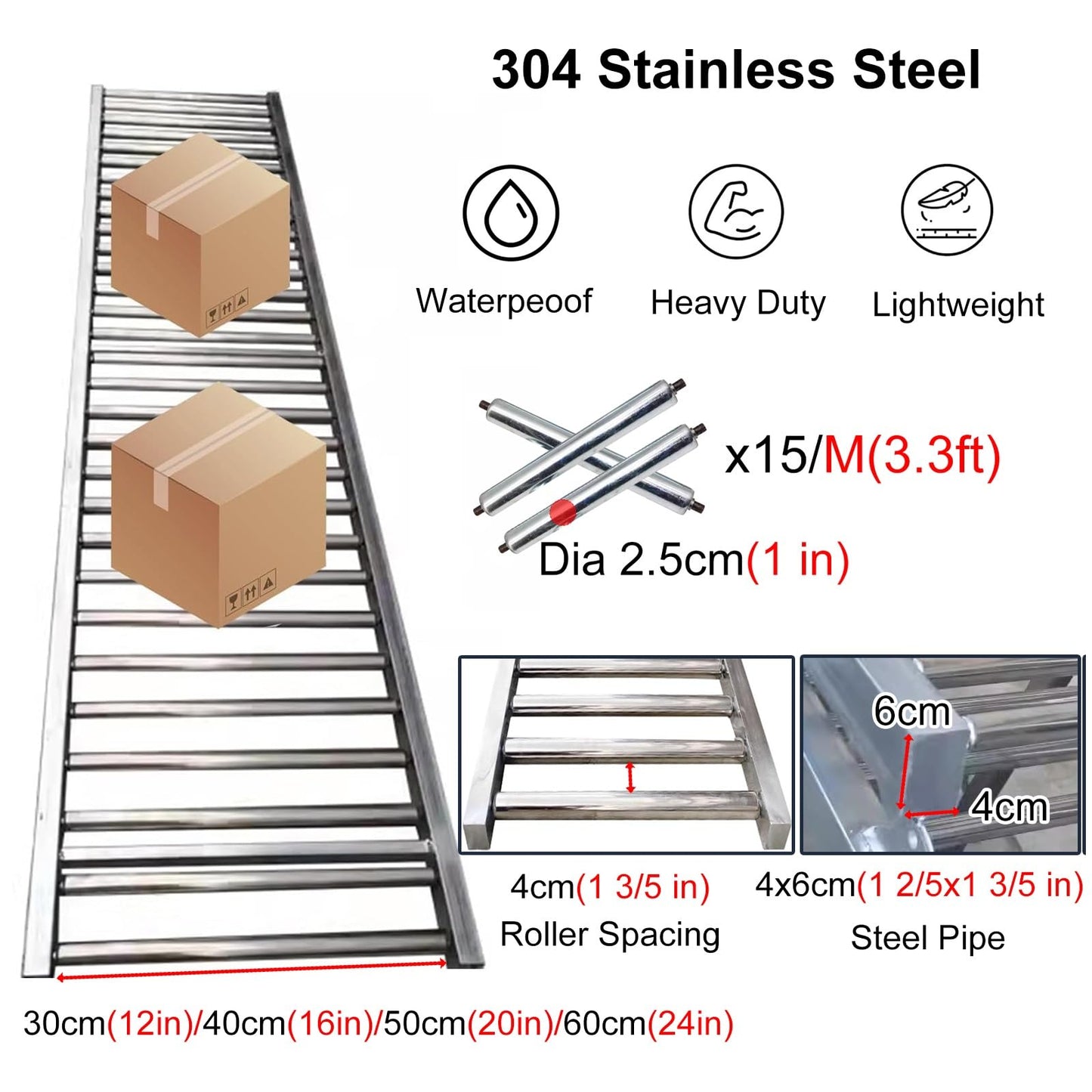 Light-Duty Gravity Conveyor - 1" Dia Stainless Steel Rollers, 2.4" Centers, Durable & Versatile for Warehouses, Factories, Woodworking & DIY Projects - 12" Width, Silver Finish
