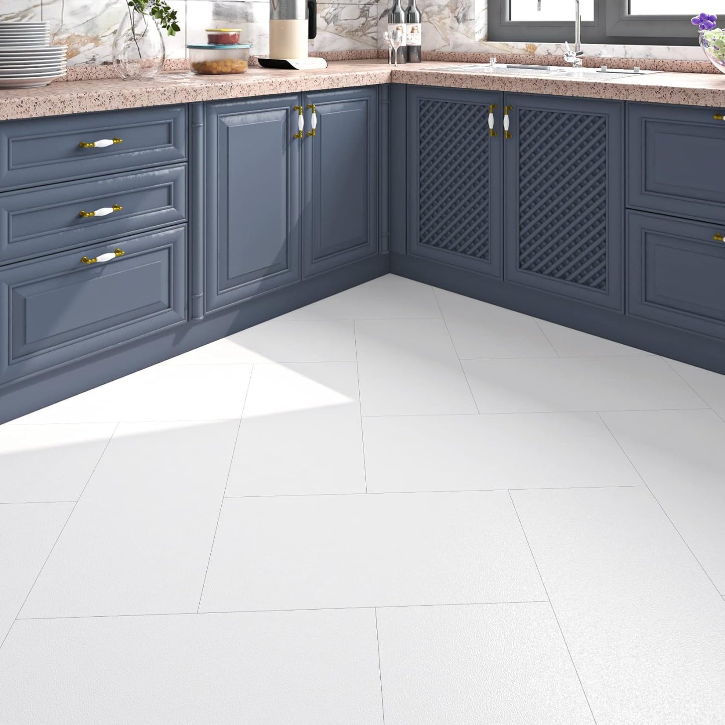 FunStick 12"x24" 15 Pcs Peel and Stick Floor Tile Waterproof White Vinyl Plank Flooring Tiles Peel and Stick Flooring for Bathroom Sticky Tiles for Floor Kitchen RV White Laminate Flooring Walls