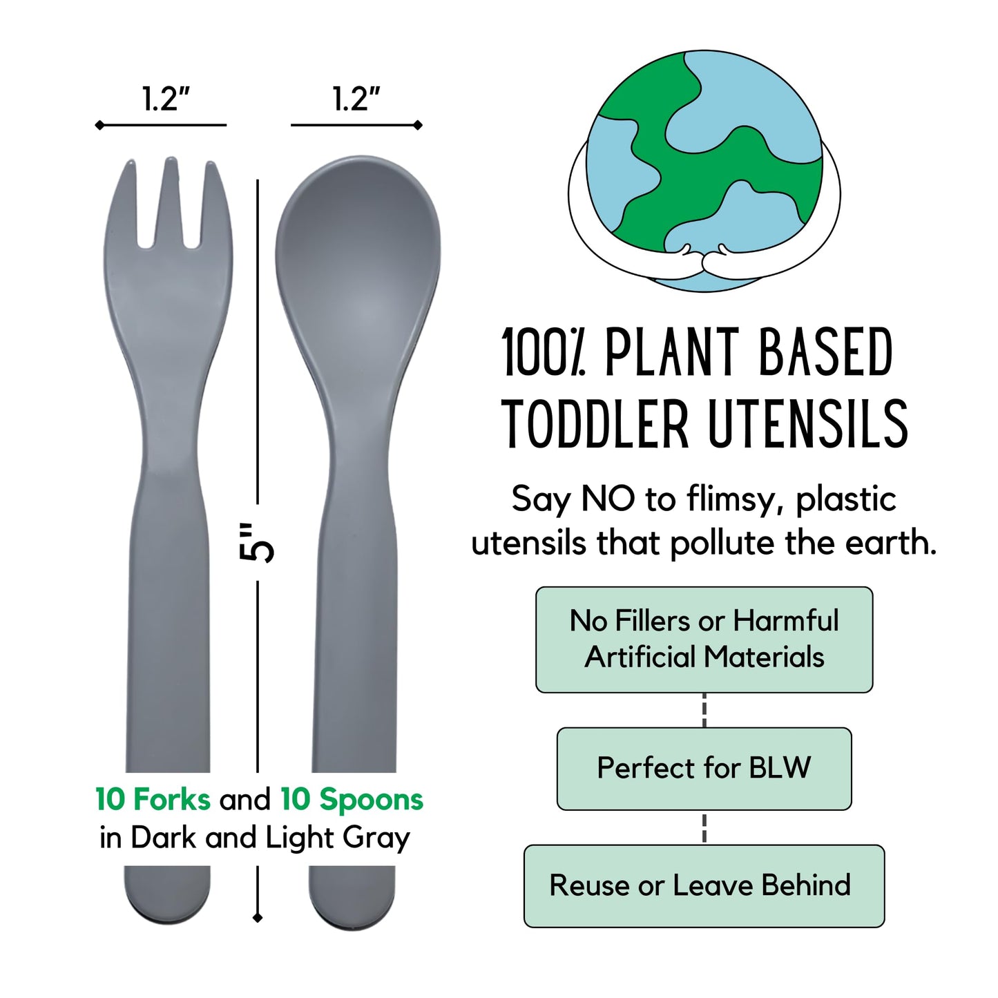 THEO'S 20 Pack Eco-Friendly Utensils for Baby & Toddler | 100% Biodegradable + Compostable 5.0"x1.2" Plant Based Spoons & Forks (10 each) | BPA Free, Dishwasher + Microwave Safe, Light & Dark Gray