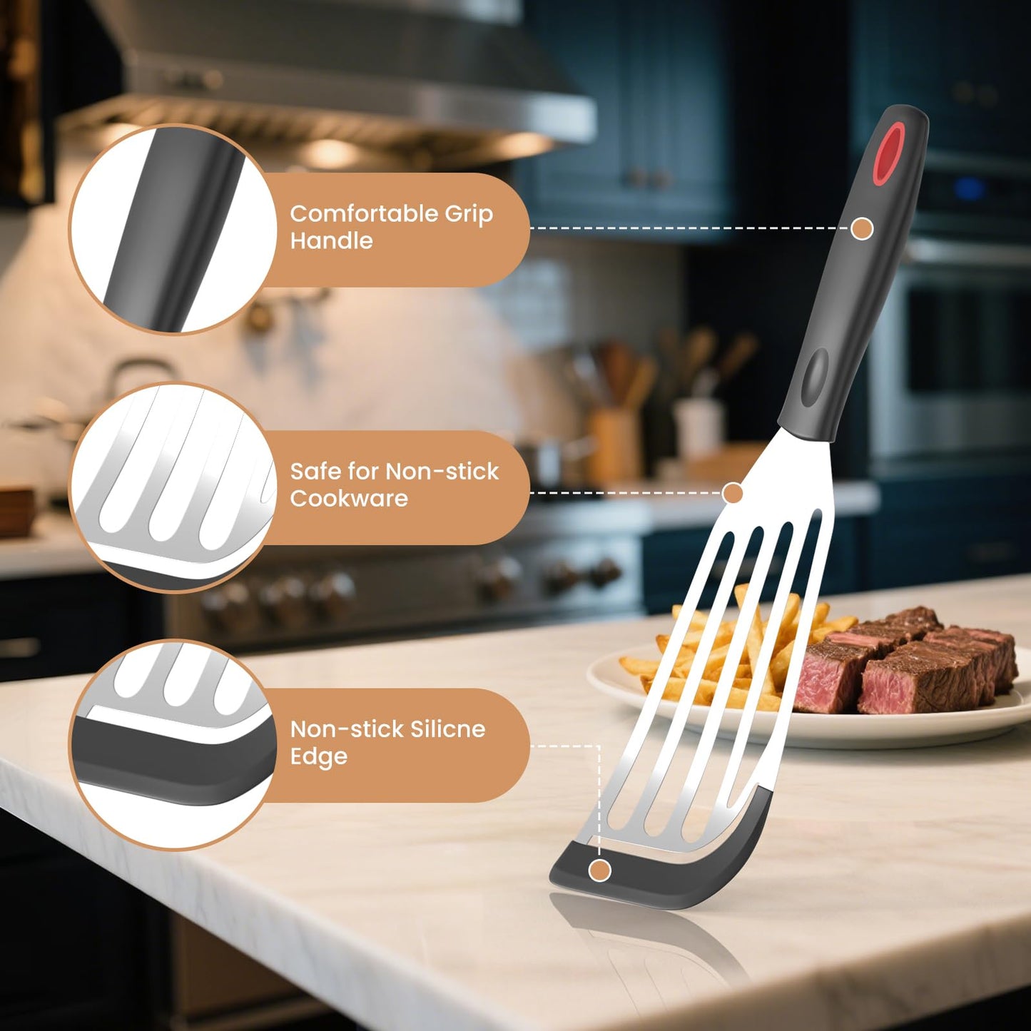 2Pack Silicone Fish Spatulas for Nonstick Cookware,Fish Turner Spatula Stainless Steel with Heat Resistant Silicone Edge,Metal Slotted Spatula for Flipping Fish Egg Patties Fries Pancake Steak (Black)