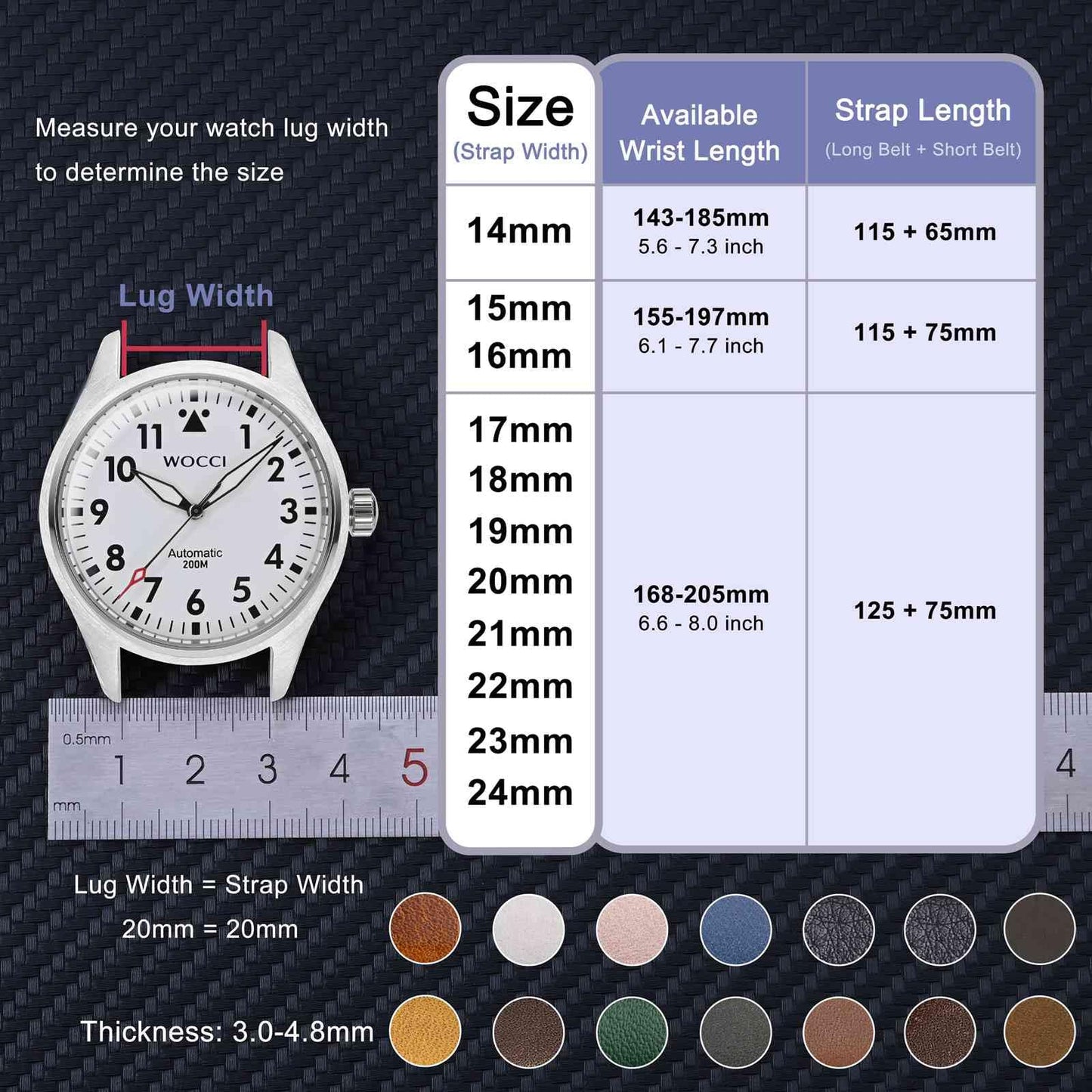 WOCCI 23mm Vintage Leather Watch Band for Men and Women, Silver Buckle (Dark Brown/Contrasting Stitch)