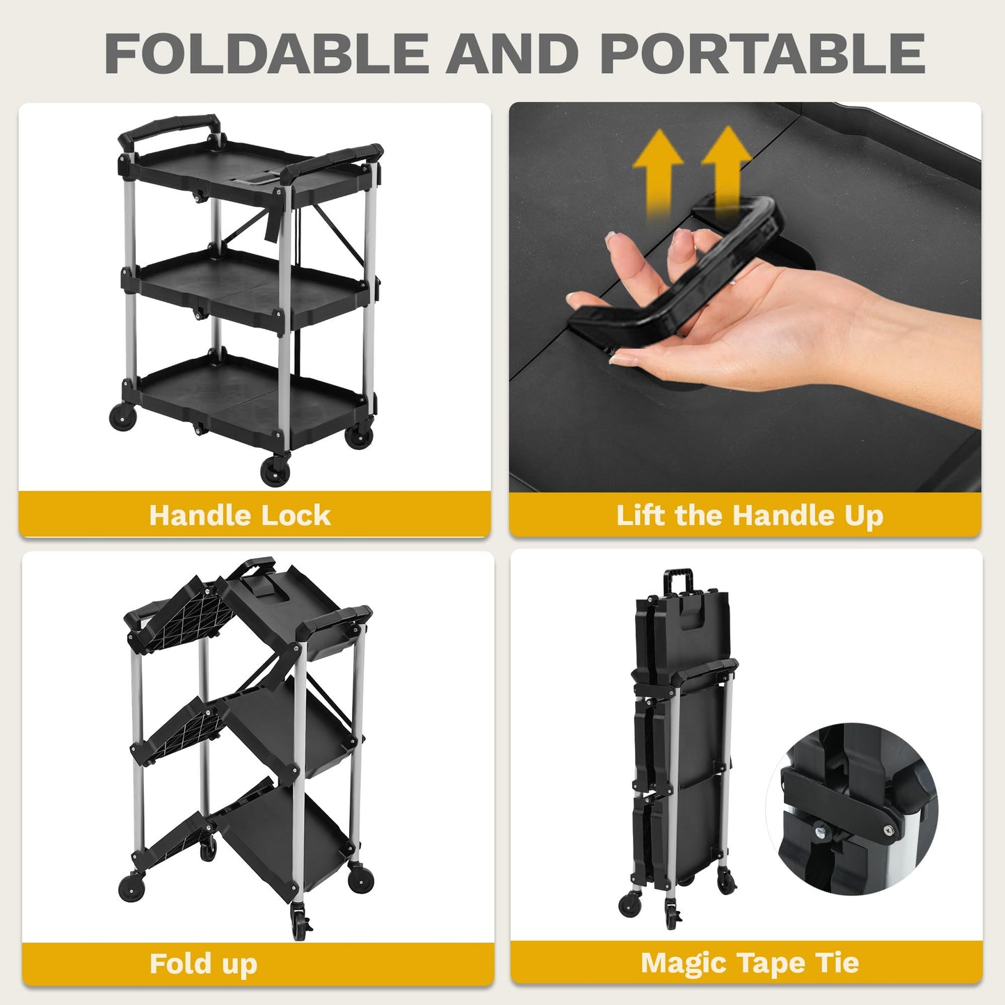 DWVO 3-Tier Folding Utility Cart, Foldable Service Cart Heavy Duty Collapsible Rolling Cart with 360° Swivel Wheels and Brake, 240LBS Load Capacity Portable Utility Cart for Kitchen, Warehouse, Garage