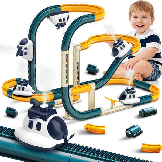 Infowush Electric Race Track Car Toy, DIY Flexible Steam Aircraft Track for Toddlers with Smokes & Lights, Kids Train Set Toys for 3 4 5 6 7 8 Year Old Boys Girls Christmas Birthday Party Gift, Large
