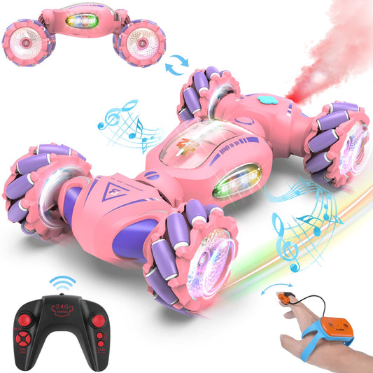 Fosgoit Pink Remote Control Car Toys Gifts for Girls 6-12, with Light & Music & Spray, 2.4Ghz 4WD Double-Sided 360° Rotating Gesture Sensing RC Stunt Car, Birthday for Girls Kids
