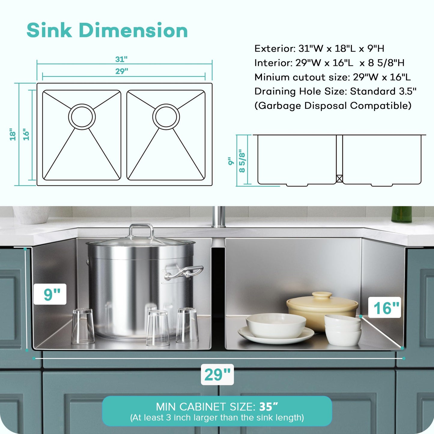 Rhbamoa Double Bowl Kitchen Sink Undermount 31 inch,16-Gauge T304 Undermount Kitchen Sink Stainless Steel,50/50 Stainless Steel Double Sinks with Accessories,Deep Sinks with Brushed Finish
