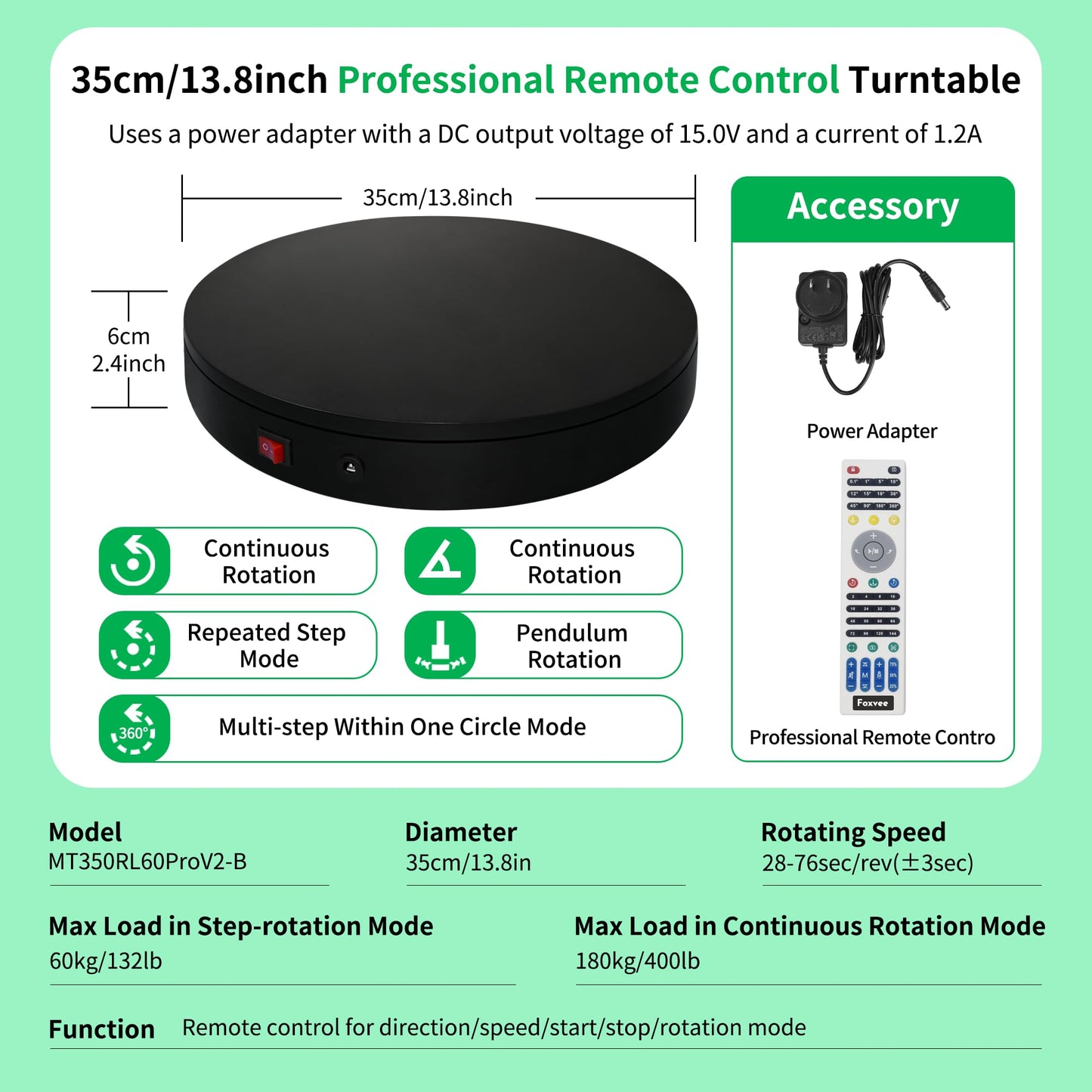 Foxvee Remote-Controlled Motorized Turntable,Motorized Rotating Display Stand,Speed-Adjustable Rotating Platform,Multi-Mode 360° Photography Turntable for 3D Scan,Photography,Showcase(13.8in/Black)
