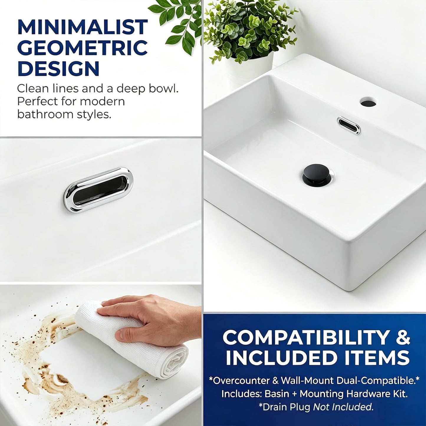 20 x 14 Inch Wall Mounted Bathroom Sink, NOHALIPY Modern White Rectangular Porcelain Floating Vessel Sink with Overflow, Corner Mount Ceramic Bathroom Sink for RV, Restroom and Toilet, Easy to Install