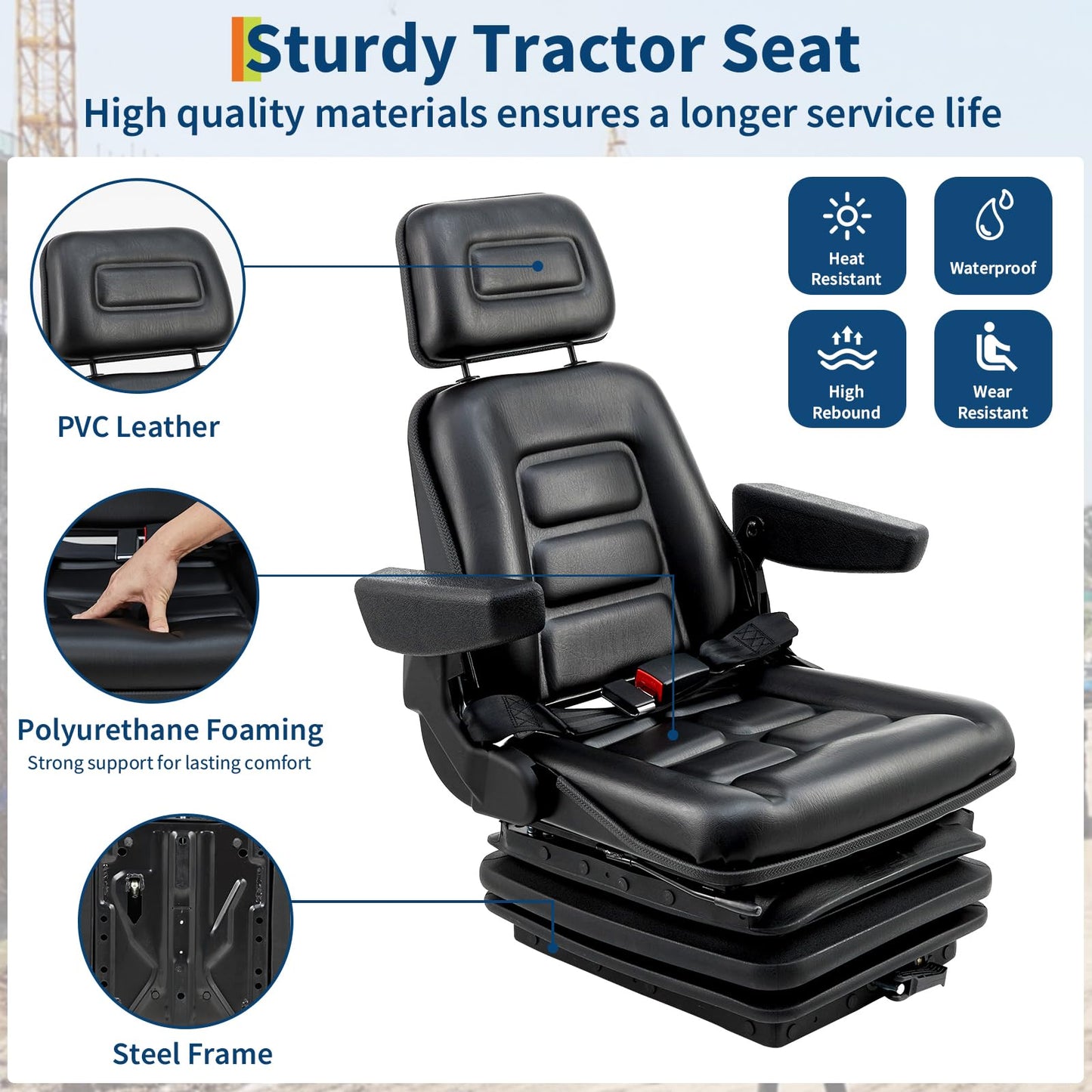 Suspension Seat Adjustable Backrest Headrest Armrest, Forklift Seat with Slide Rails, Foldable Heavy Duty for Tractor Forklift Excavator Skid Steer