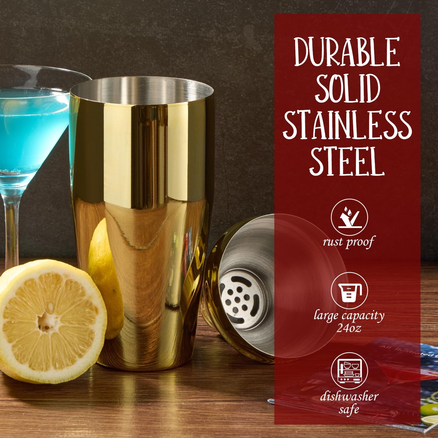 Cocktail Shaker Set Bartender Kit : 12-Piece Bar Tool Set with Bamboo Stand | Bars Set with All Practical Bar Accessories, for Drink Mixing, Bar, Home, Lounge & Party (Gold)