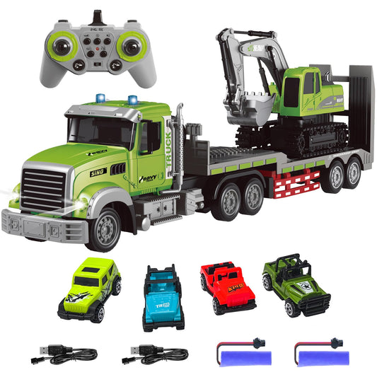Fistone RC Semi-Trailer Truck & Excavator Toy Set, 1:12 Scale with Sound and Lights, 2.4Ghz Remote Control Flatbed Truck and Excavator Toys for Boys 6-12 Years Old