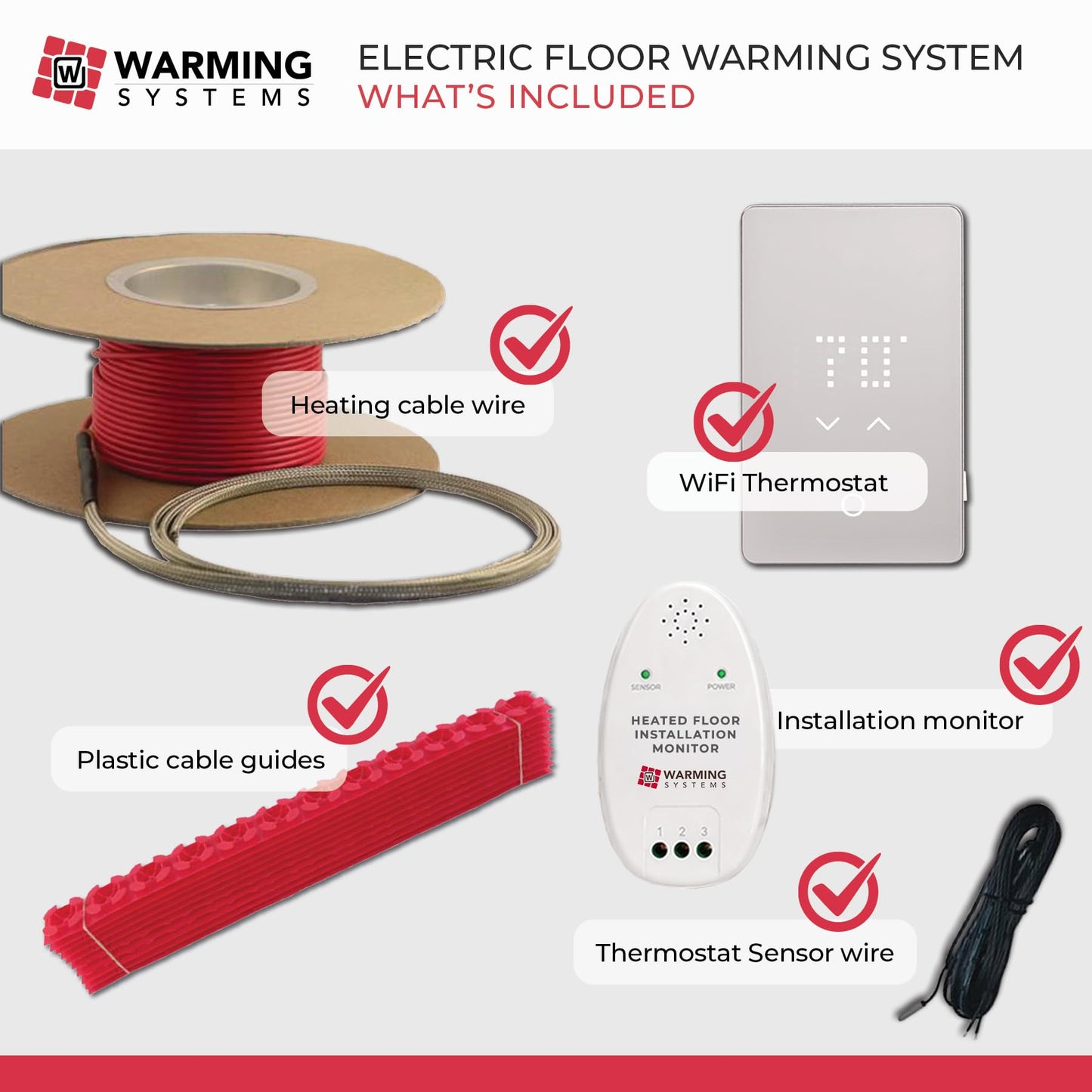 Warming Systems - 25 Sqft Electric Radiant Floor Heating Cable Kit – 120V Heated Tile Floor System with UWG5 Programmable Thermostat, Sensor, Installation Monitor & 25 Year Warranty, Made in the USA