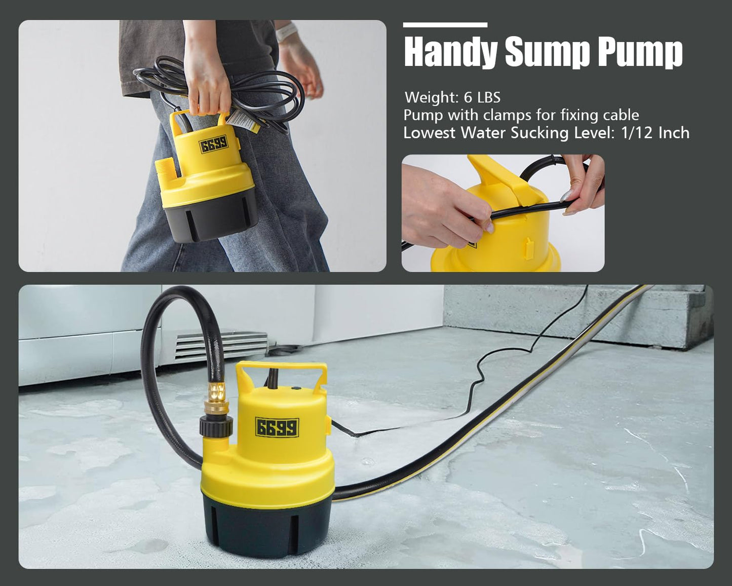 6699 Submersible Sump Pump 1/4 HP 1500GPH Utility Pump Thermoplastic Electric Portable Transfer Water Pump with 10-Foot Cord for Pool Tub Garden Pond Draining Tankless Heater Flushing