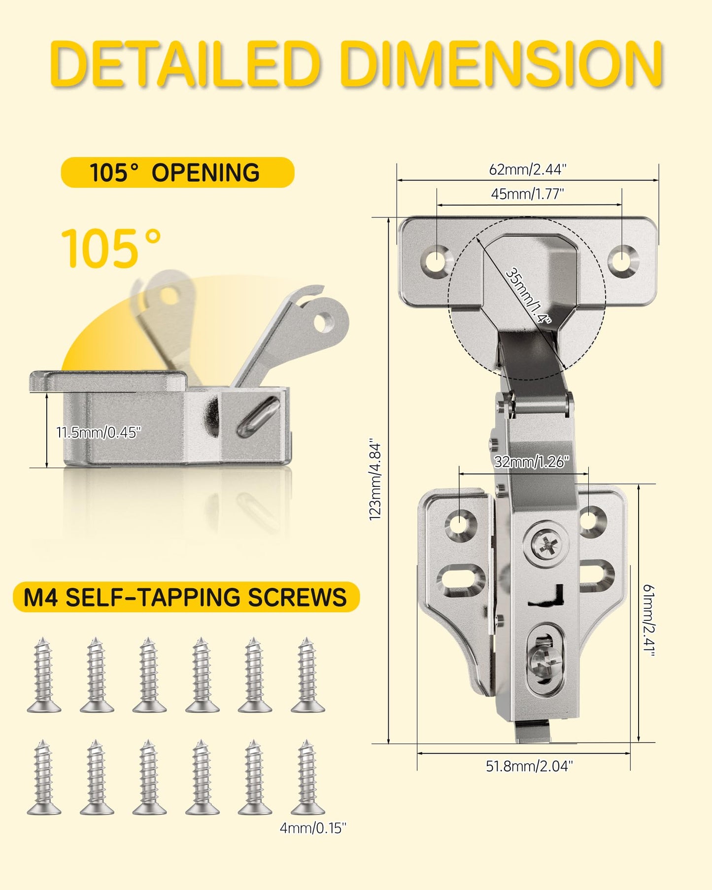 Onemake 4 Pack Full Overlay Soft Close Cabinet Hinges, Stay at Will 105° Concealed Hinge, Smooth Slow Self Closing, 3D Adjustment, Clip-on Plate, Frameless Hidden Door Hardware for Kitchen Cupboard