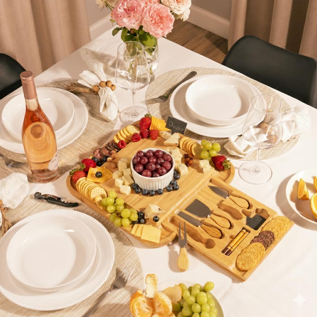 Charcuterie Board Set with Knife Drawer – Large Bamboo Cheese Board Set with Knives, Serving Board for Meat, Cheese & Appetizers – Housewarming & Wedding Gift