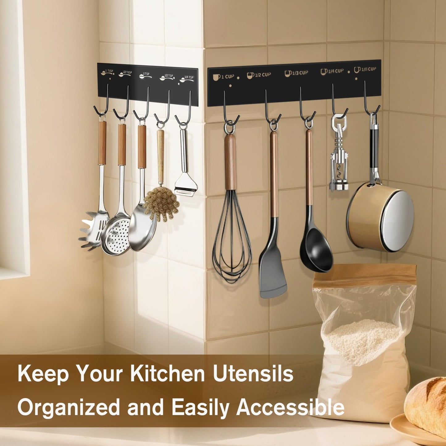 ProtectHobby 2 Pack Measuring Cups and Spoons Hanging Rack, Black Hanging Cups and Spoons Rack, Space Saving Kitchen Utensil Holder, Including Screw and Adhesive Mounting