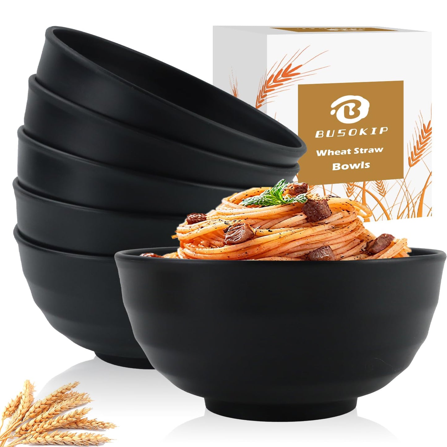 Wheat Straw Bowls Unbreakable Large Salad Bowls 60 OZ Set of 6, Microwave and Dishwasher Safe Large Plastic Bowl, Big Bowl for Eating, Serving Soup, Ramen, Popcorn (Black)