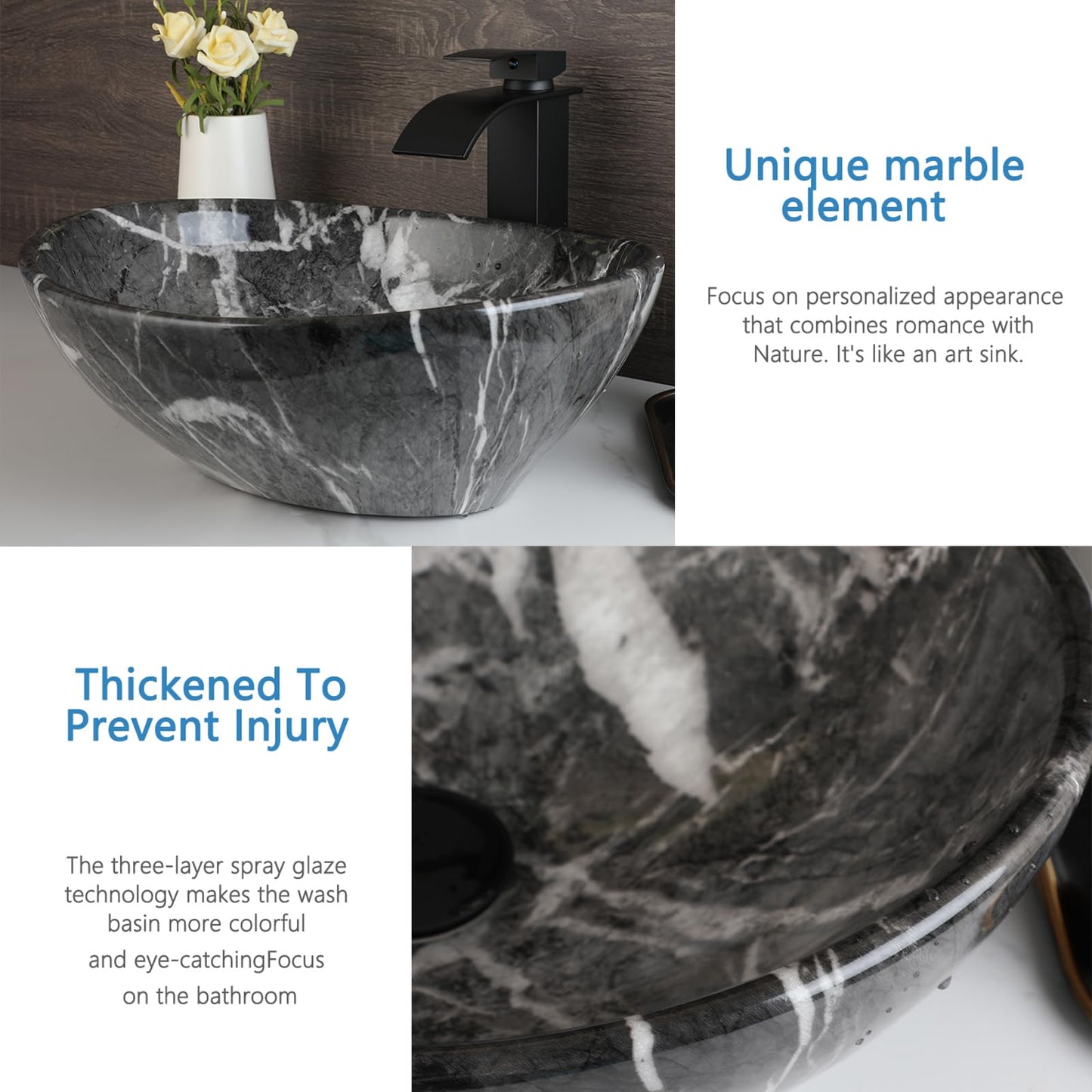 Sinku Mccut Ceramic Vessel Sink Oval Black Above Counter Bathroom Vessel Sink with Faucet and Drain Combo Marbling