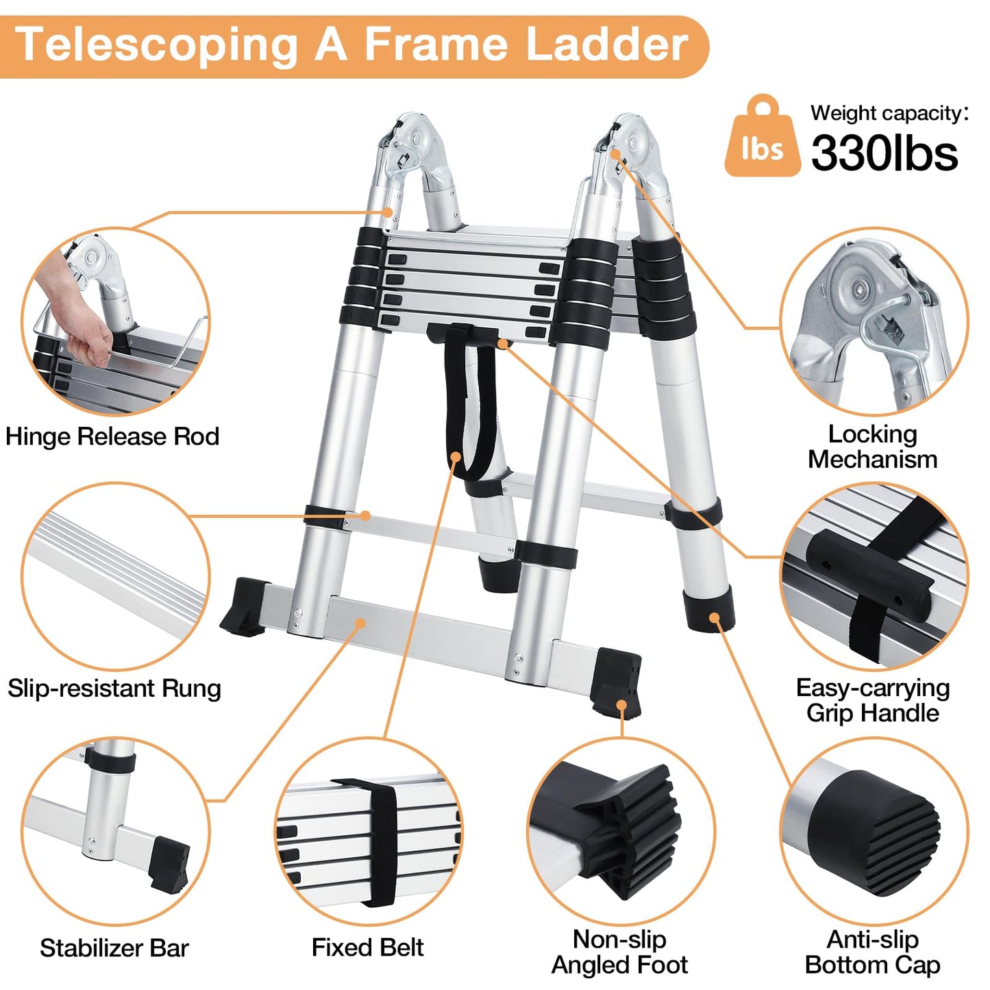 GAOMON Telescopic Ladder - 18.5 FT Aluminium Telescoping Ladders with Non-Slip Feet and Stabilizers, a Frame Collapsible Ladder, Portable Extension Ladders for Indoor Outdoor Working Household