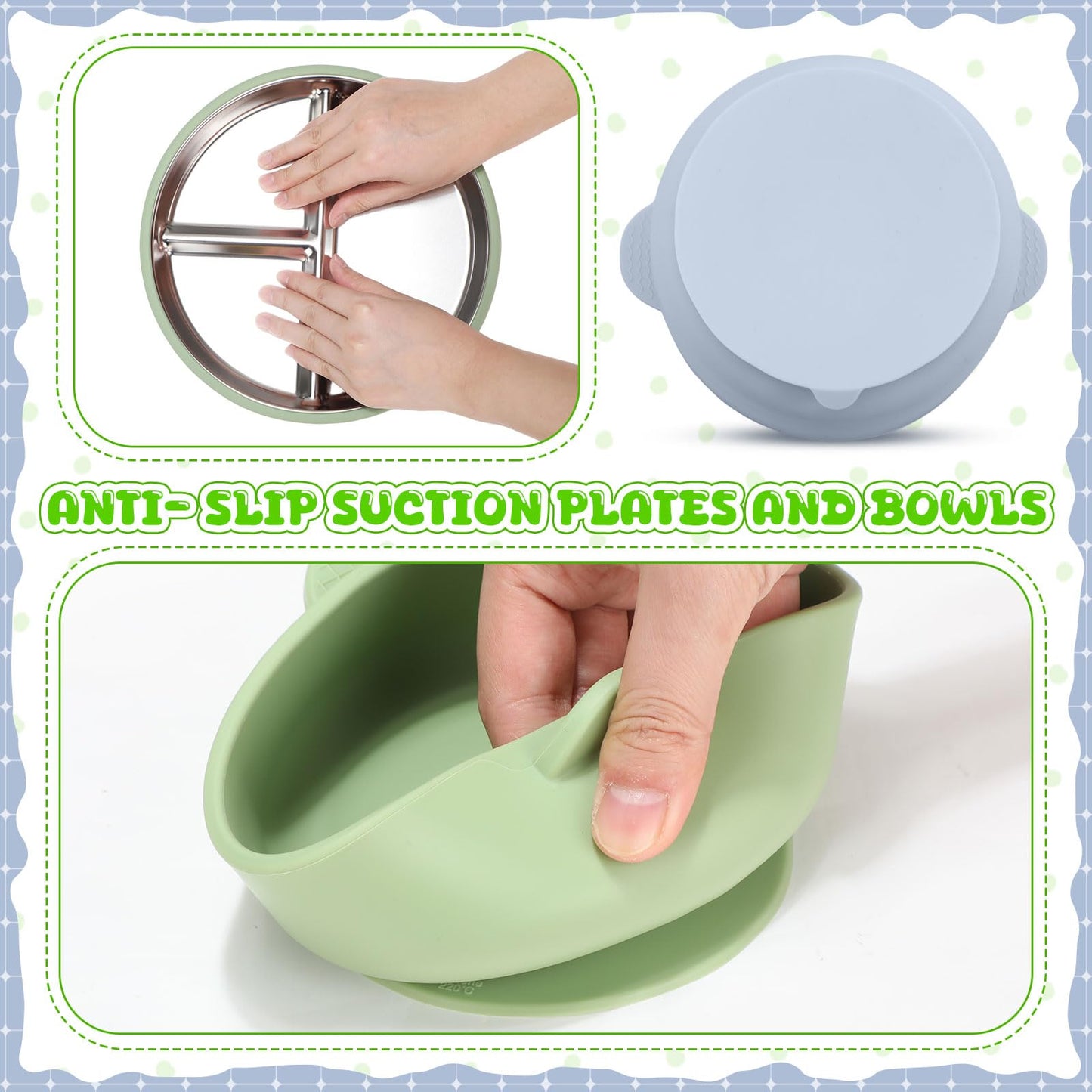 Nuogo 8 Pcs Stainless Steel Kids Plates and Bowls Set with Suction Stainless Steel Baby Plate, Toddler Bowls, Forks, Spoons with Removable Silicone Suction Silicone Baby Feeding Set, Dishwasher Safe