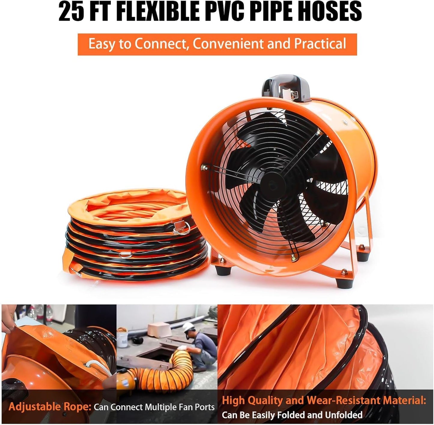 dreamdragon 8" High-Velocity Portable Utility Blower Fan, Industrial Exhaust Fan with 25ft Flexible Duct Hose, 3150 RPM Low-Noise Ventilator for Basements, Workshops, Warehouses, and Confined Spaces