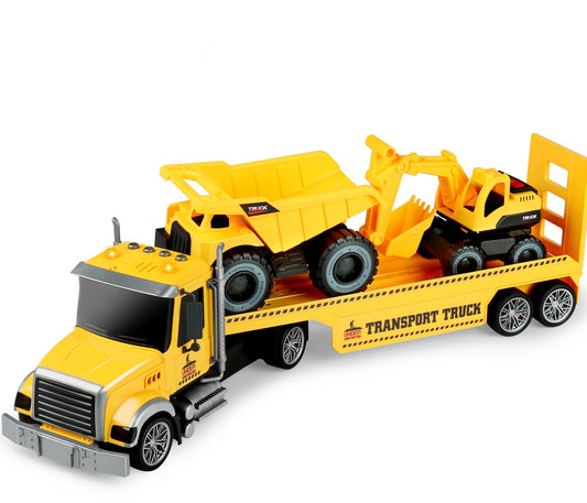 Dwi Dowellin 27" Large Friction Powered Construction Truck Car Toy with Excavator and Dump,Semi Truck Toys for 3 4 5 Years Old Toddlers Kids Boys & Girls Gift