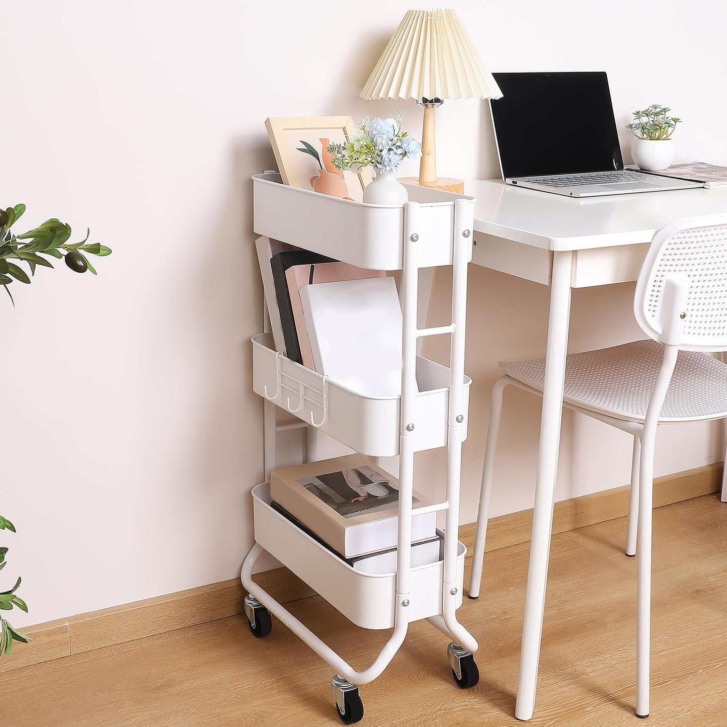 MAX Houser Slim 3-Tier Rolling Utility Cart, Narrow Metal Bathroom Storage Multifunctional Organizer Carts with Wheels with Extra Hook, Laundry Room,Kitchen,Small Space(White)
