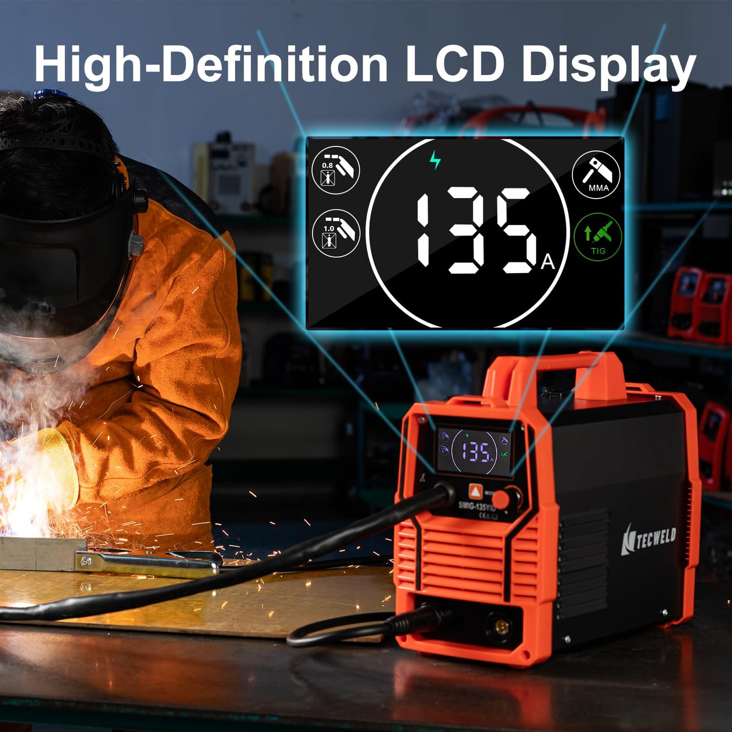 TECWELD 135A MIG Welder 110V 3-in-1 Synergic IGBT Inverter (MIG/Lift TIG/Stick) - Gasless Flux Core, Portable Welding Machine with LED Display