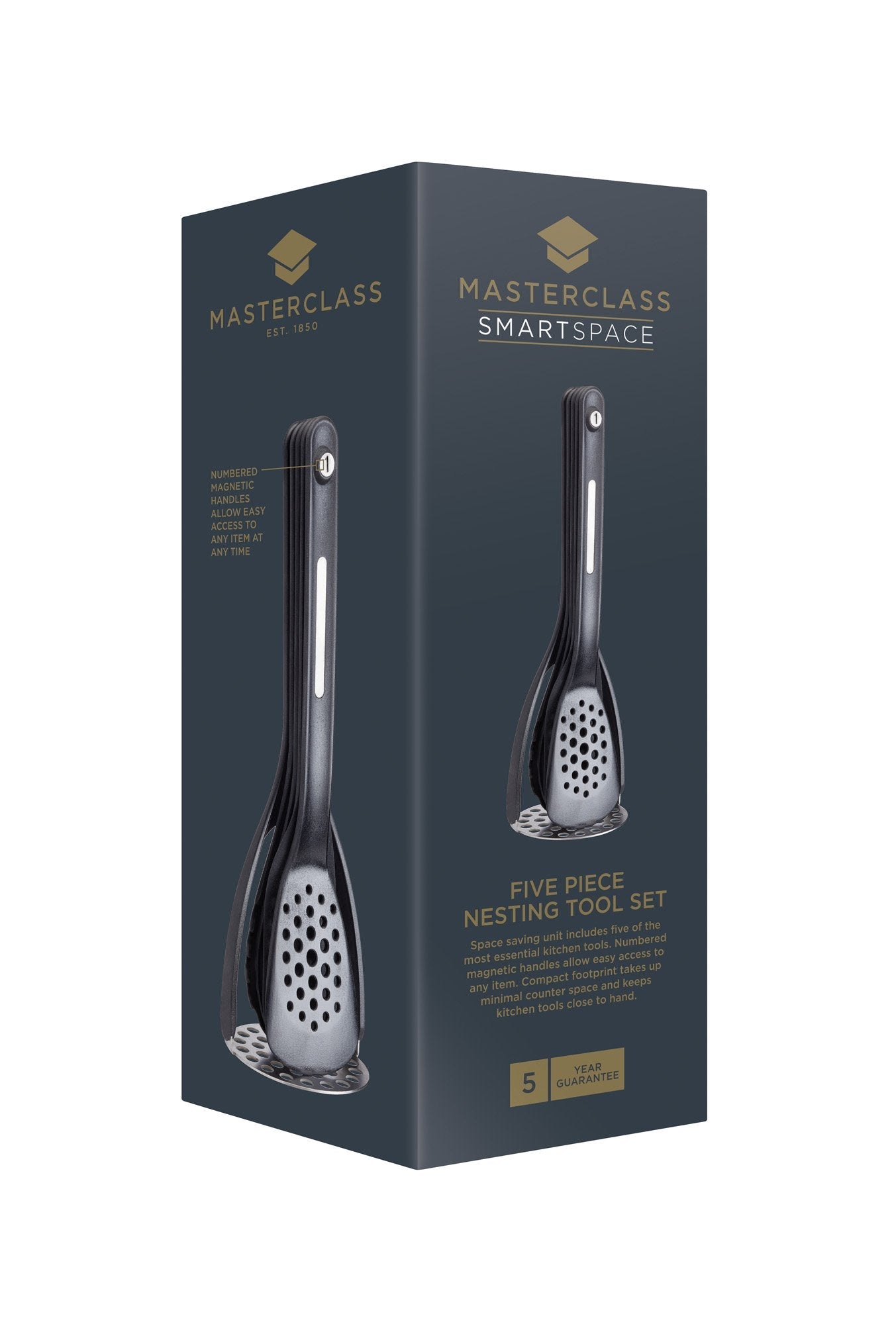 KitchenCraft MasterClass Smart Space Nesting Magnetic Kitchen Utensil Set, Silicone, Black, 9 x 9 x 30 cm, Pack of 5