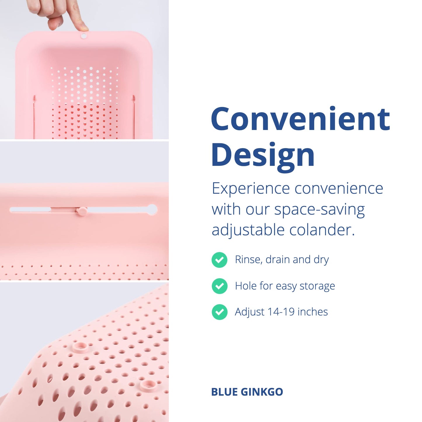 BLUE GINKGO Over the Sink Colander Strainer Basket - Wash Vegetables and Fruits, Drain Cooked Pasta and Dry Dishes - Extendable - New Home Kitchen Essentials (Pink, 1 Pack)