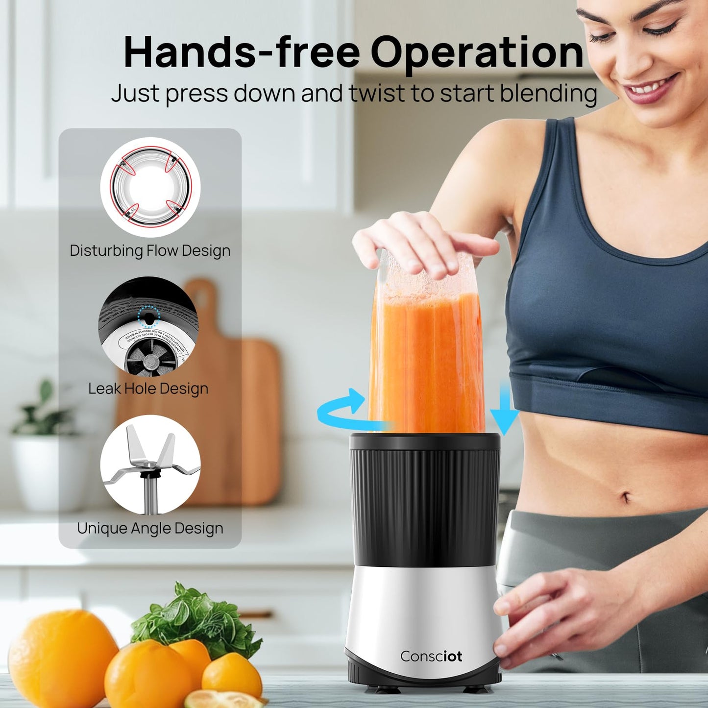 Consciot CB08 11-Piece Blender for Kitchen and Personal Size, Blend Shakes and Smoothies, Frozen Drinks, Baby Food, Spreads & More, 3 Portable To-Go Cups & 2 Spout Lids & 1 Solid Lid, 900 Peak Watts
