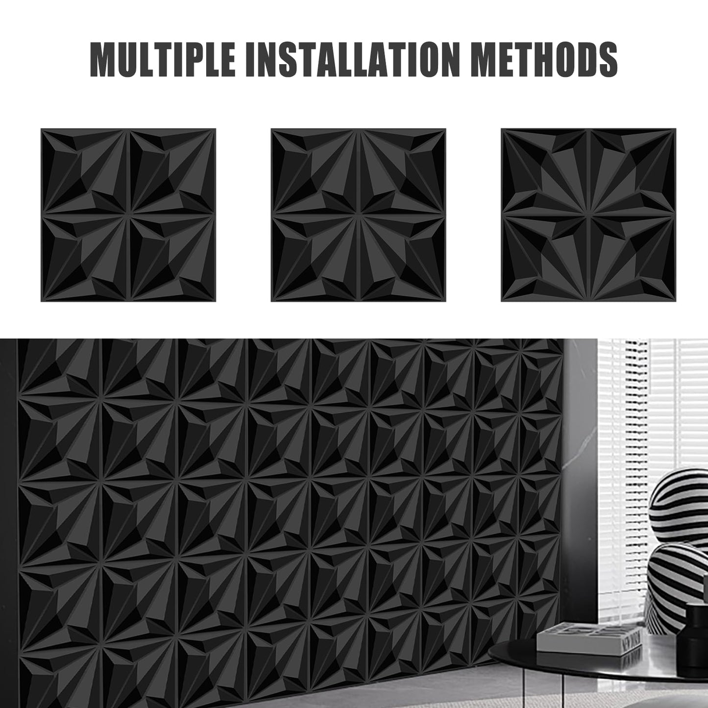 Decorative 3D Wall Panels, 33 Pack Textured PVC Tiles 12x12 Inch, Black - Covers 33 Sq Ft, Modern Wall Art for TV Wall & Game Room, Waterproof & Cuttable (Glue Required)