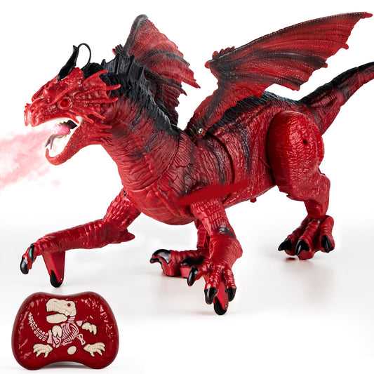 Remote Control Dragon Toy for Kids with 360° Swaying Head, Roaring, Spraying & Light Up- Remote Control Robot Toys for Kids - Red