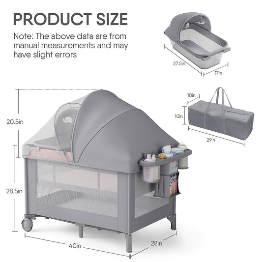 Obee Odee 4-in-1 Baby Bassinet with Playard, Napper Bassinet, Changing Table, Mosquito Net & Canopy, Storage and Toys for Newborn to Toddler
