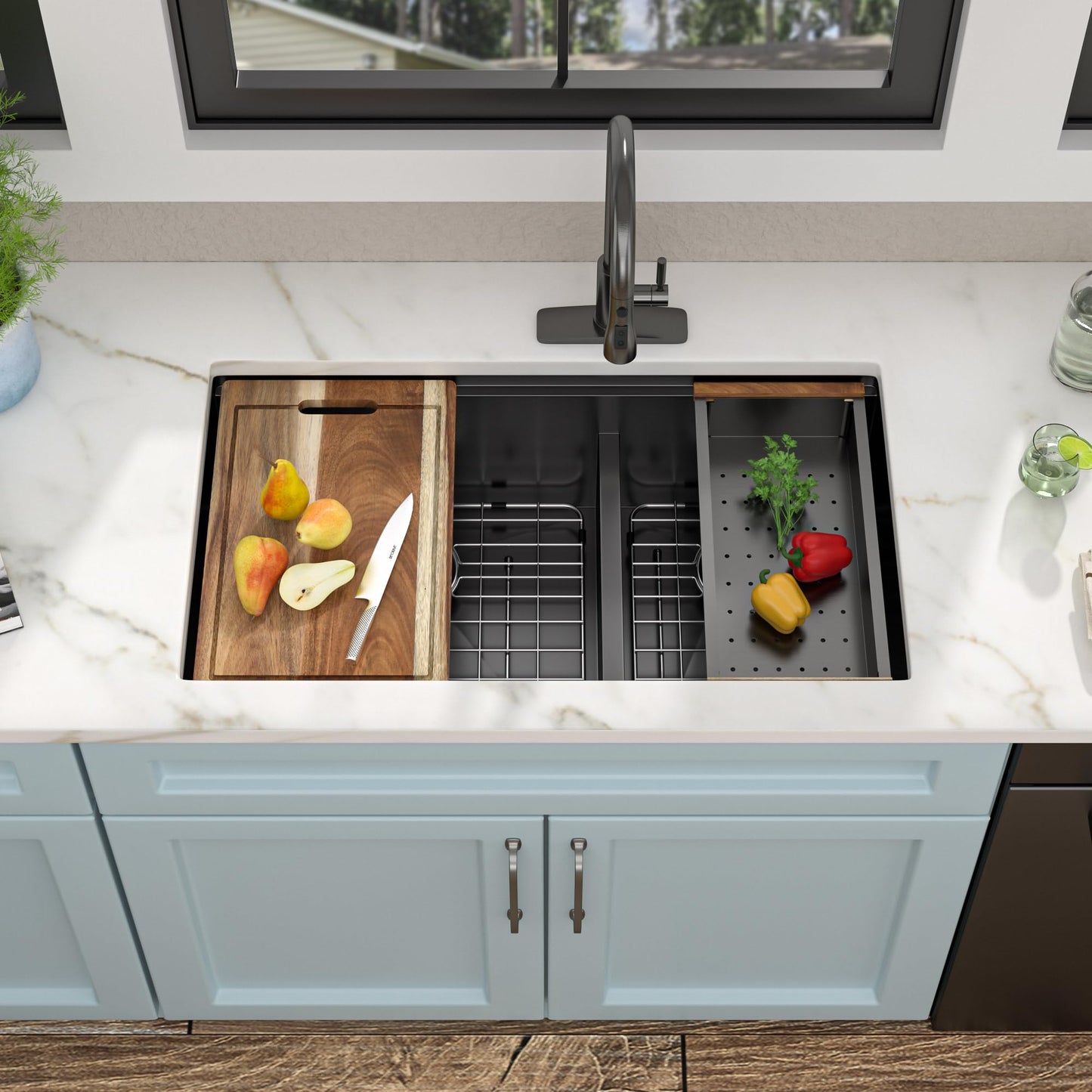 Fulorni 33"x19" Undermount Double Bowl Kitchen Sink Workstation - Gunmetal Black NANO-PVD, 16 Gauge 304 Stainless Steel, Under Counter Low Divide 60/40 Split Basin for Kitchen