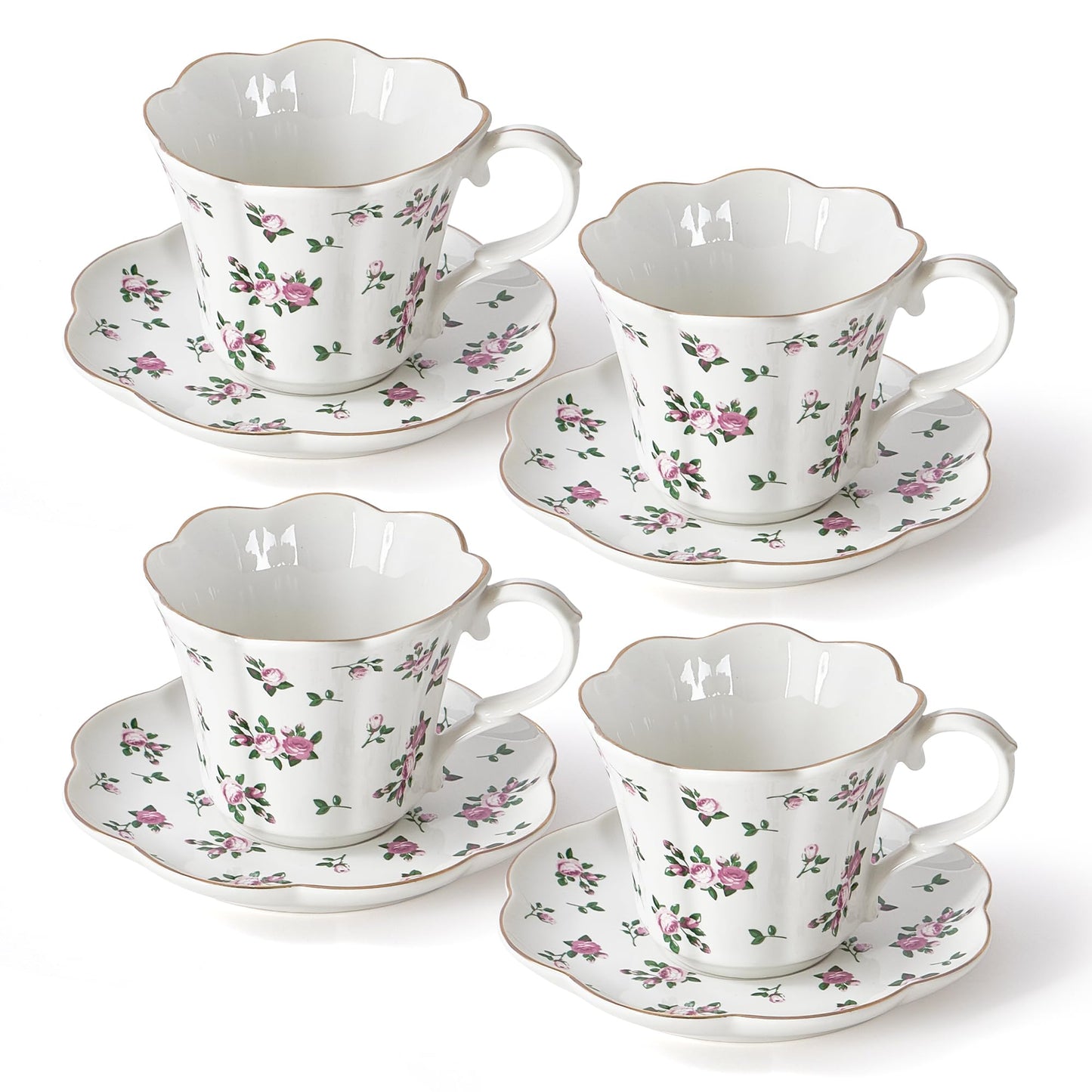Floral Tea Cups and Saucers, 6oz Ceramic Teacup Set of 4, Elegant Scalloped Edge Coffee Cups for Latte, Cappuccino, Espresso, Rose Tea Cups for Tea Parties, Women Gifts for Mother's Day, Spring Decor