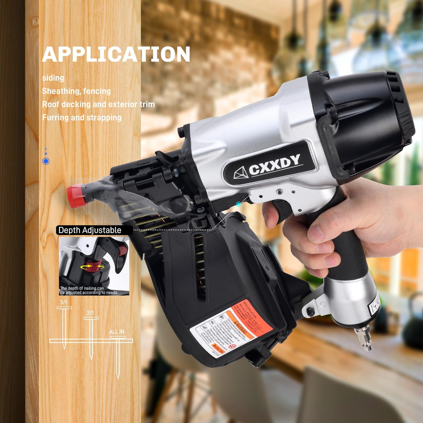 CXXDY Siding Nail gun 15 Degree 1-1/4” to 2-1/2” Coil Siding Nailer – High-Speed Pneumatic Siding Nailer for Siding, Framing, and Fencing – Professional-Grade Performance for Contractors and DIYers