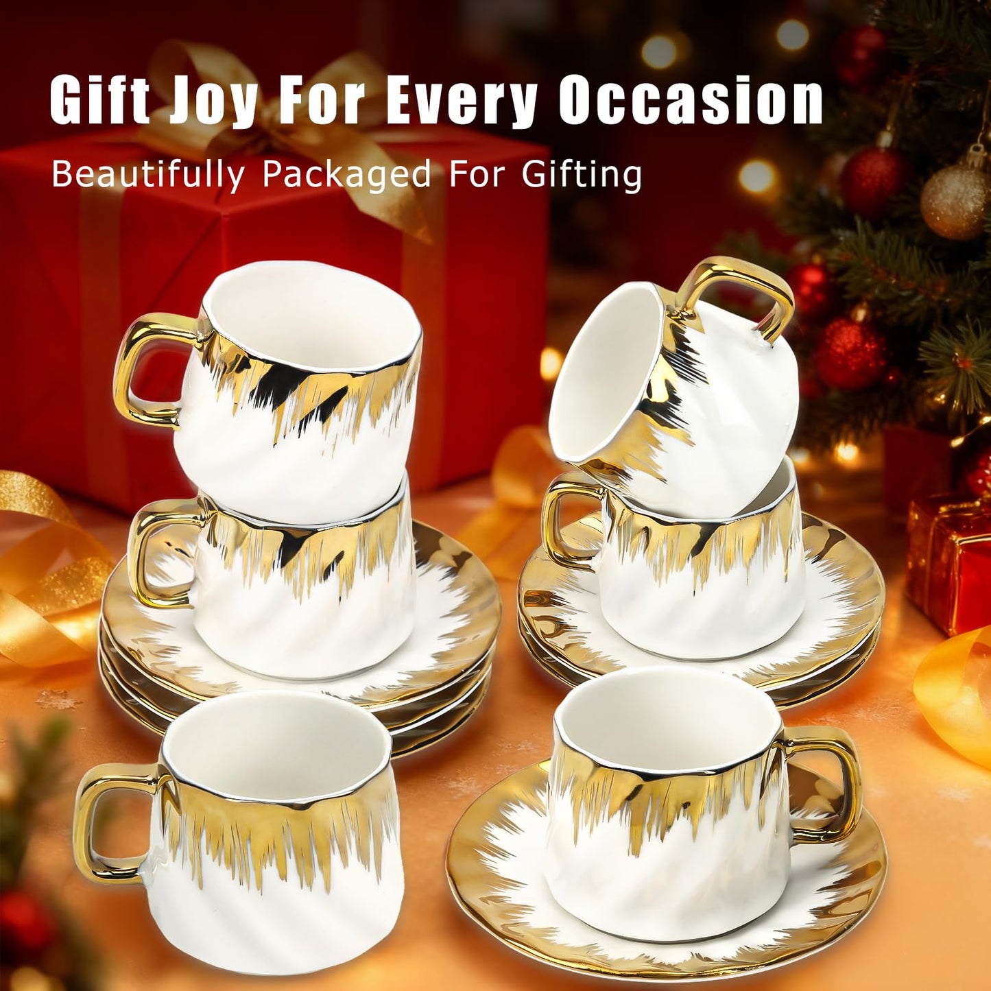 Hebaogugu Coffee Cup Set of 6 with Saucers, 3.5 OZ Ceramic Espresso Cups Set, Gold Trim Turkish Coffee Cup Gift for Cappuccino, Latte, Cafe Mocha and Tea, Dishwasher & Microwave Safe