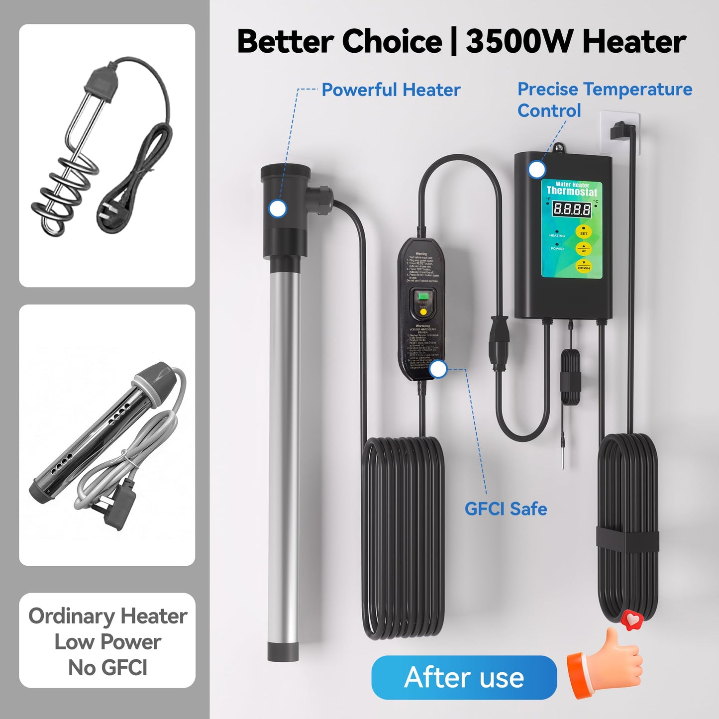 3500W Immersion Heater for Large Pool & Commercial Heater, Stainless Steel Submersible Immersion Heater with GFCI & Thermostat, for Large Above Ground Pool, Extra Large Stock Tank, Commercial Use