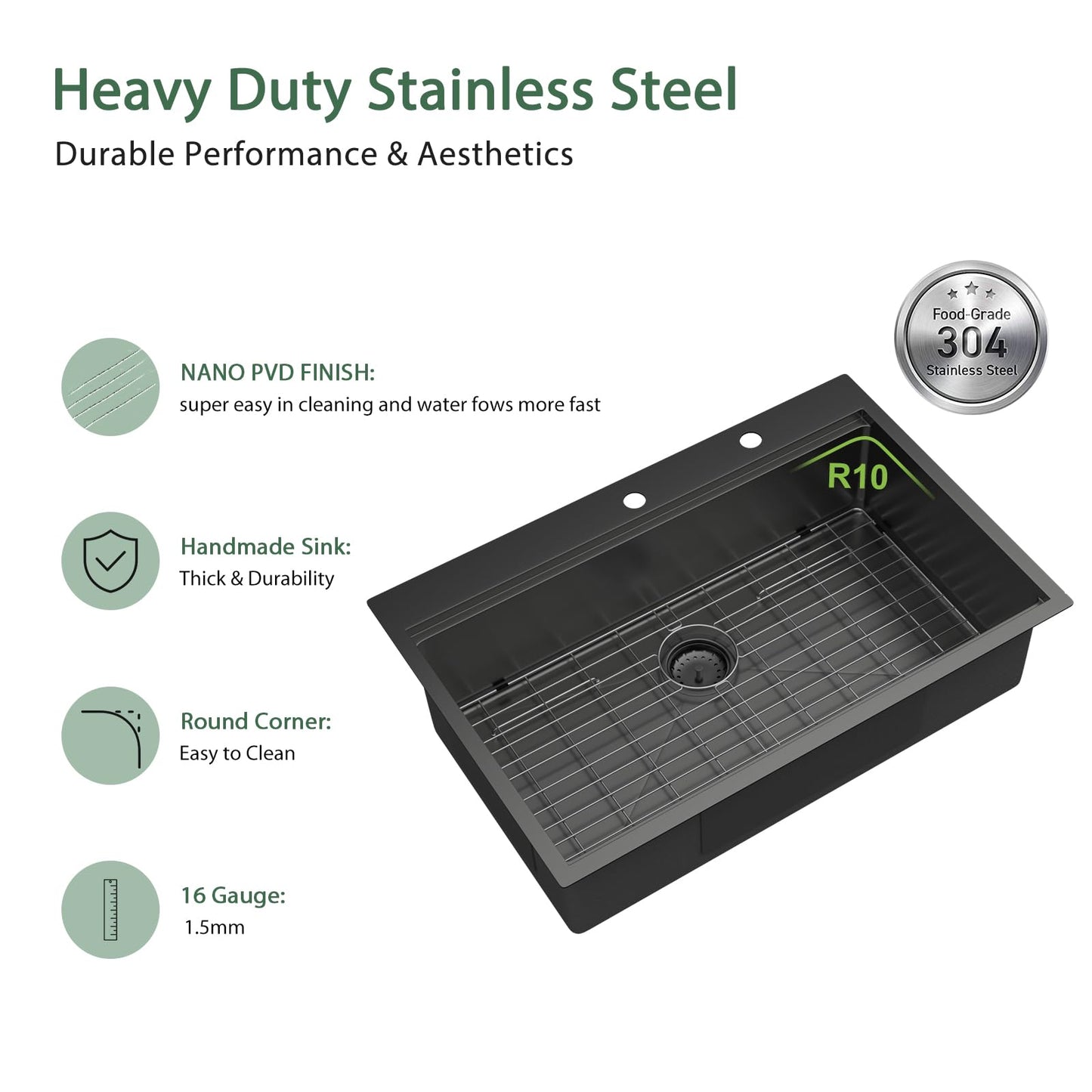 Couoko 33x22 Black Drop In Kitchen Sink Workstation 16 Gauge Stainless Steel Single Bowl Drop Kitchen Sinks Nano PVD Gunmetal Black Handmade Large Deep Topmount Sinks, 33x22x9 Inch