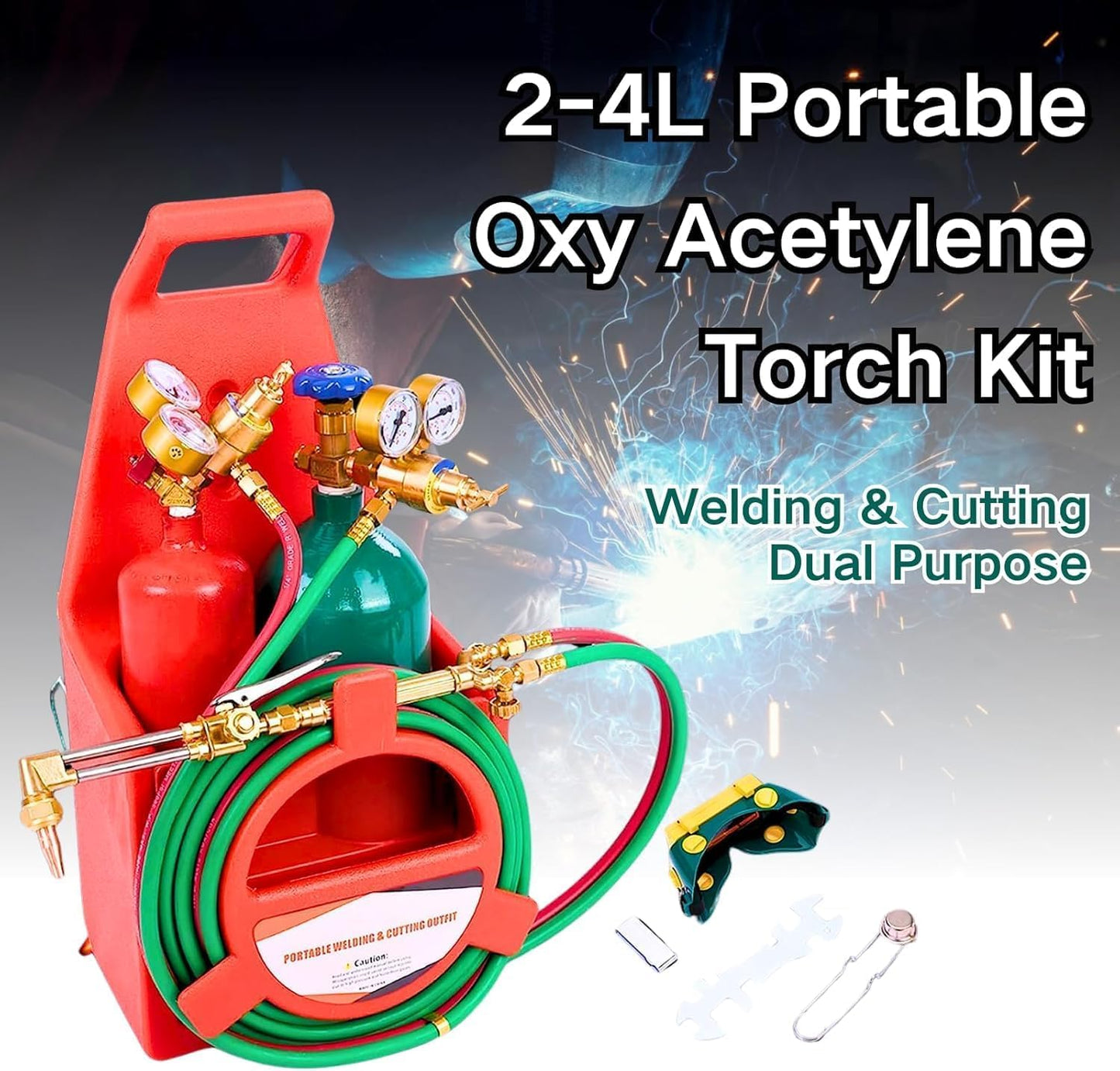 Portable Cutting Torch Kit with Tanks - Oxy Acetylene Welding & Cutting Torch Kit with Hand-Tugging Rod Goggles Long Pipe Brass Nozzle Welding Pressure Gauge CGA540 & CGA200 ﻿