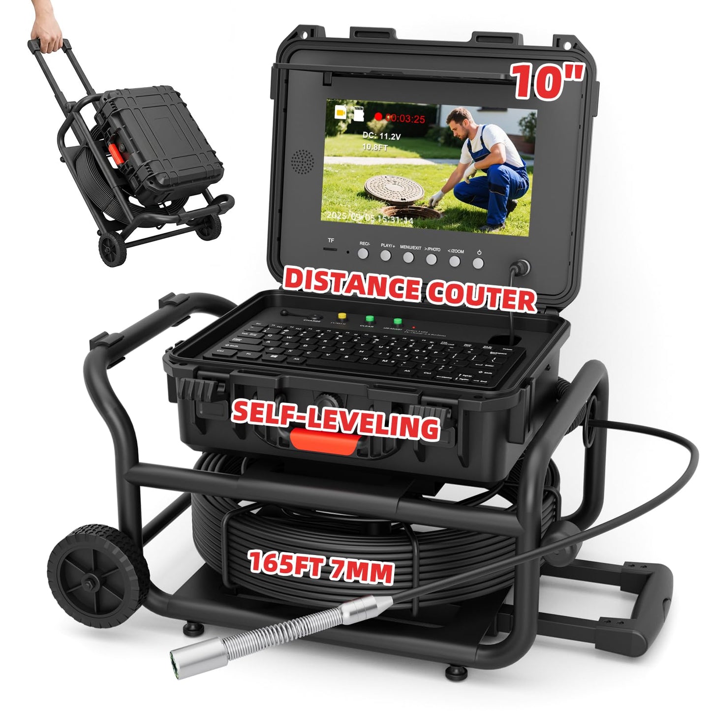 Sanyipace Self-Leveling Sewer Camera 165FT/50M with Wheels and Retractable Handle, Drain Camera with 512Hz Probe, Meter Counter, Video & Audio Record Speaker, Keyboard Input, 5X Zoom, 10" HD Screen
