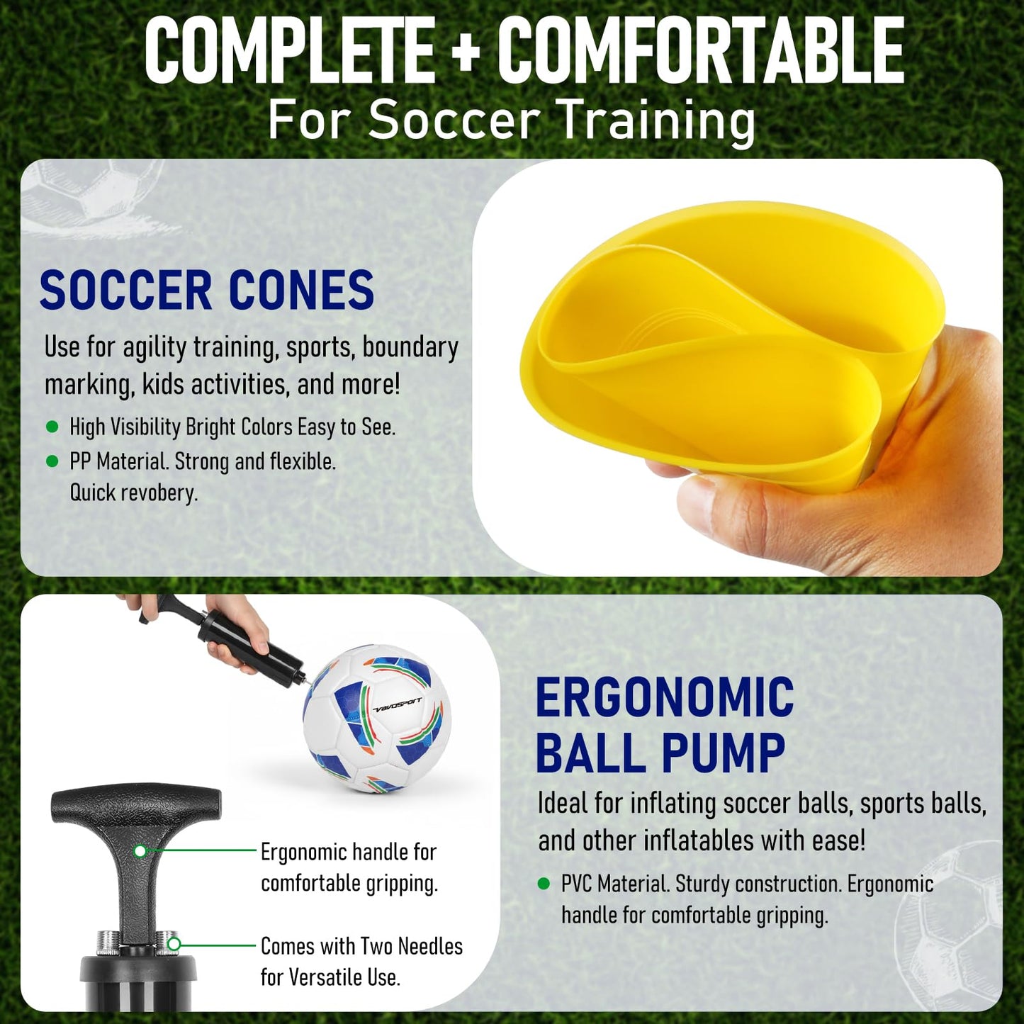 VAVOSPORT Soccer Ball Set – Official Size 3, 4, 5 Soccer Balls with Pump & 6 Cones, Waterproof TPU Leather Soccer Training Equipment for Kids, Youth & Adults, Gifts for Sports Play and Outdoor Games
